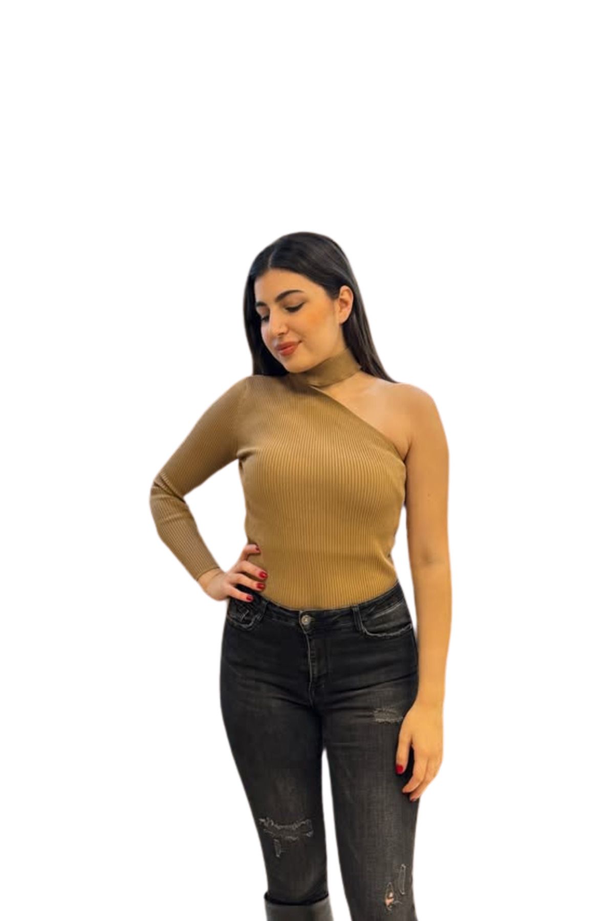 SUNAYBUTİK KAHVERENGİ TEK OMUZ CROP-Kahverengi - Standart