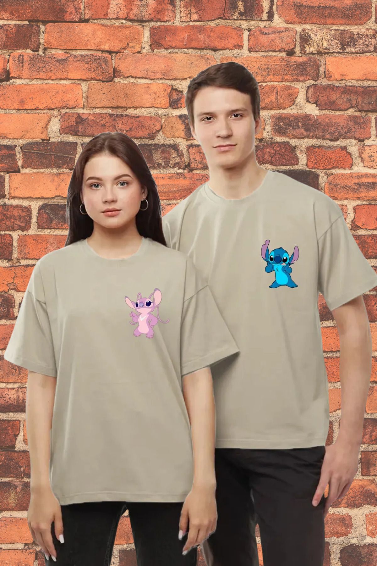 DESCARTES Lilo Stitch Sevgili Çift Takım Tişört Oversize Motto Sevgili Couple T-Shirt