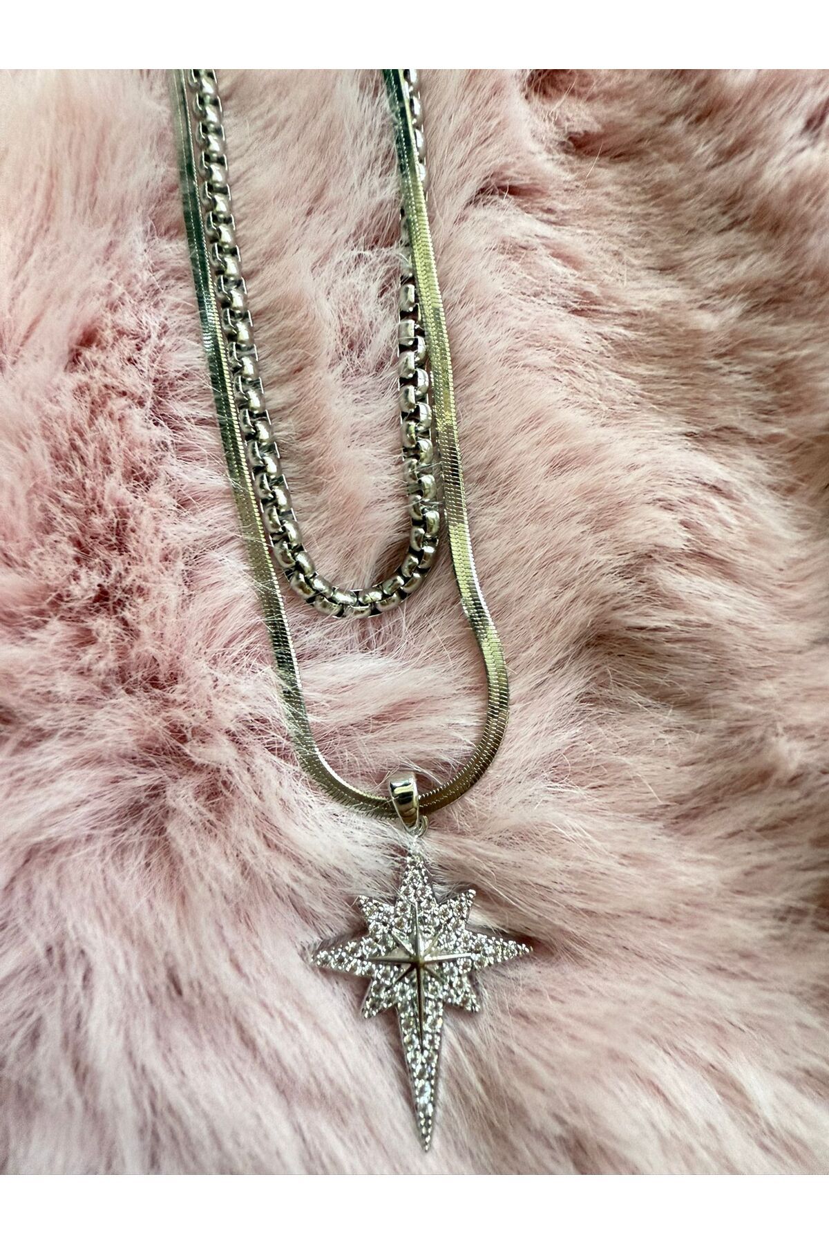 Butik Yıldız Taşlı İkili Çelik Gümüş Renk Kolye