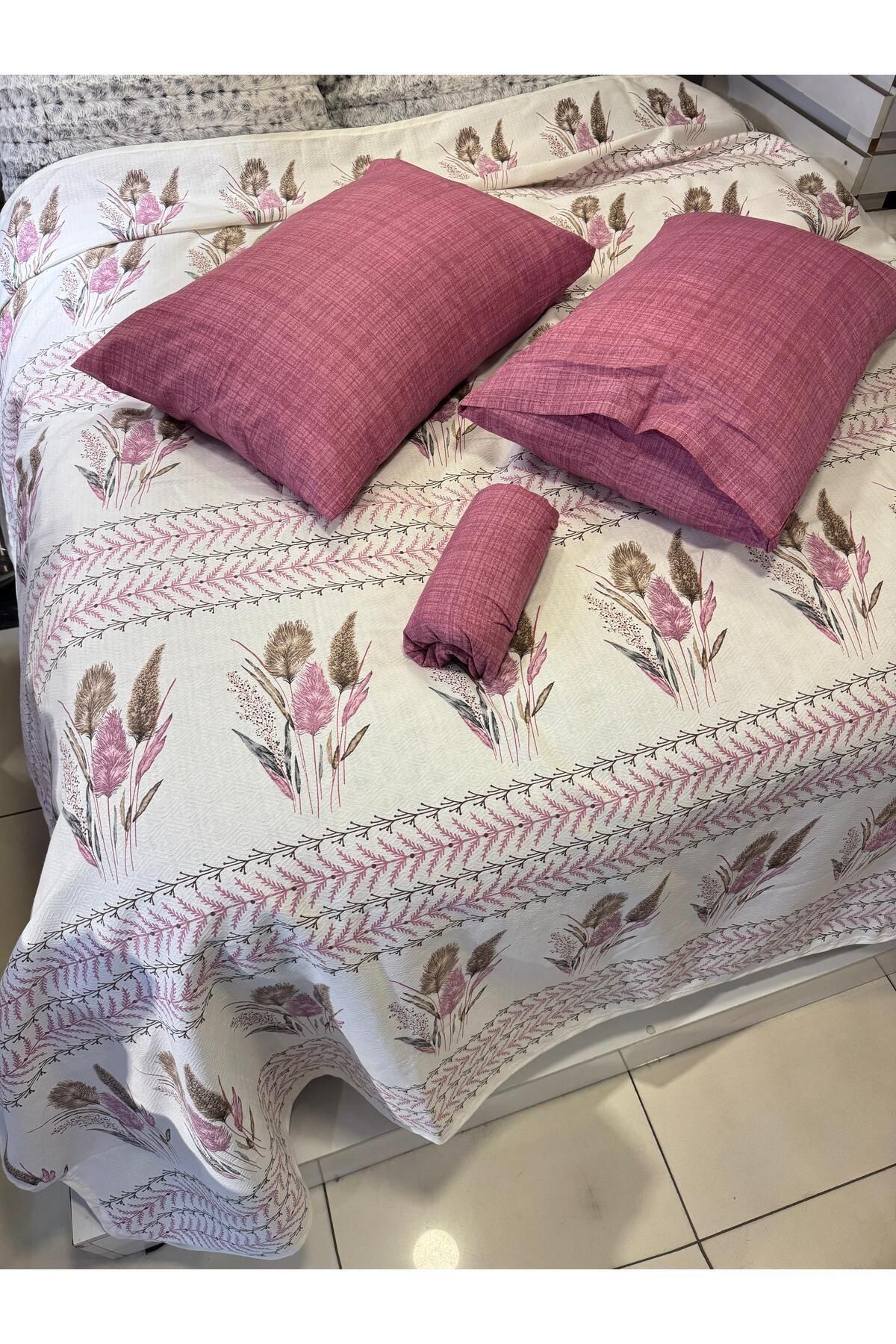 ŞENER HOME-Ekin Patterned Sheet Elastic Double Pique Set - Dusty Rose 7