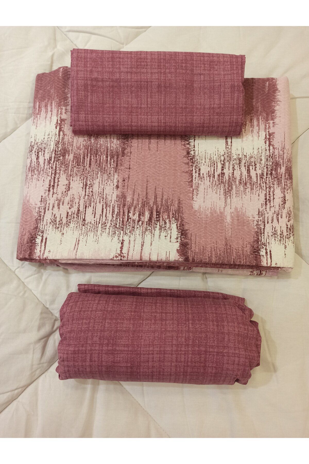 ŞENER HOME-Patchwork Patterned Bed Sheet with Elastic Double Pique Set - Dried Rose 6