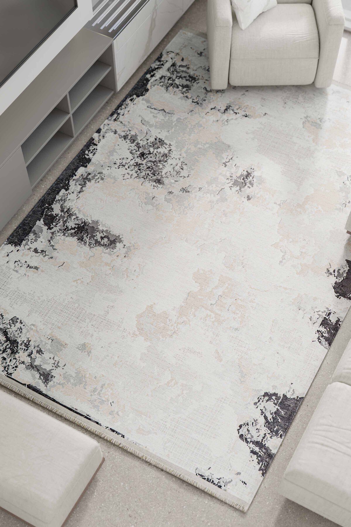 Oriente Home Soyut Desenli Yıkanabilir Kaymaz Taban Şönil Gri Antrasit Mutfak Halısı 7814