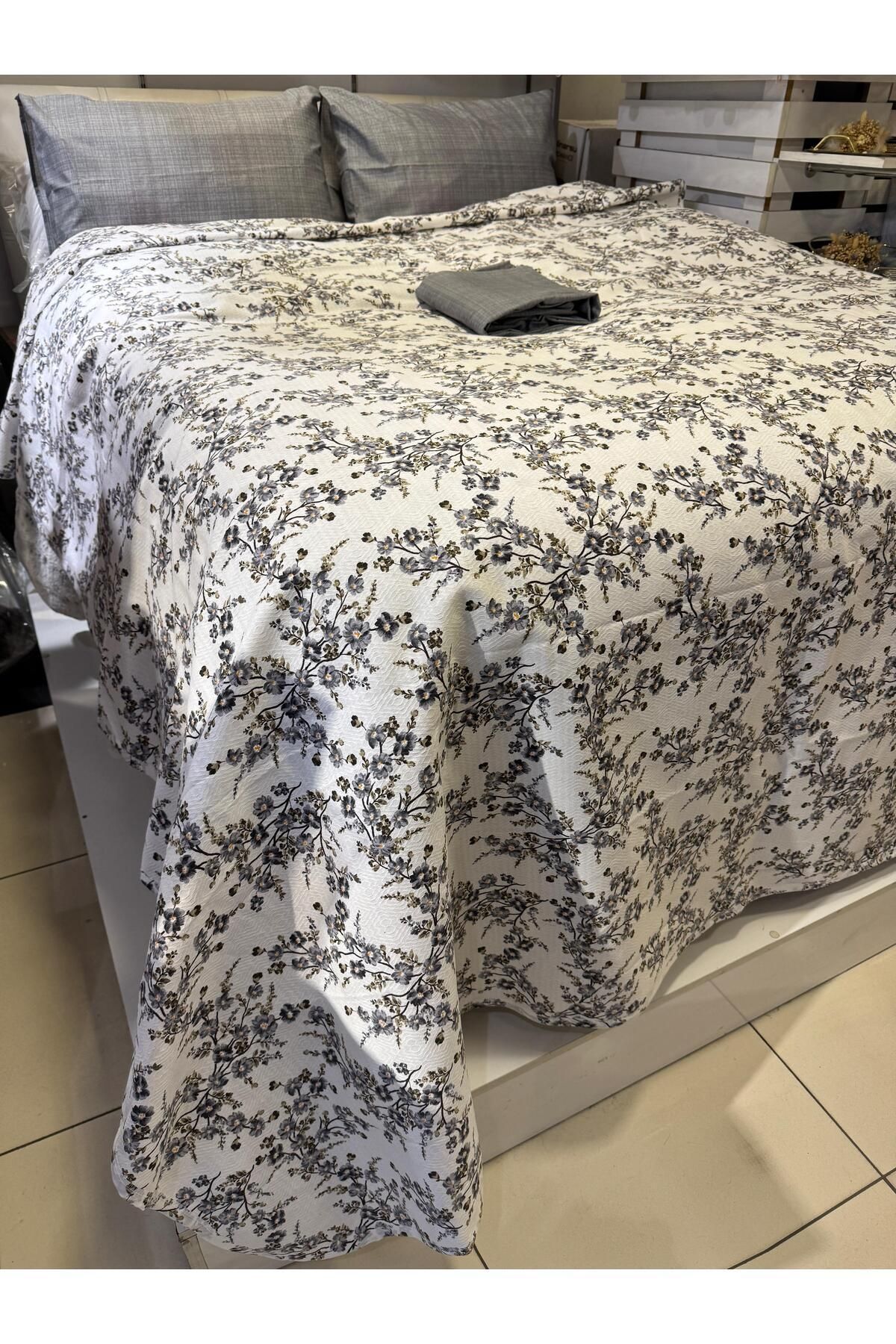 ŞENER HOME-Plum Branch Patterned Sheet Elastic Double Pique Set 2