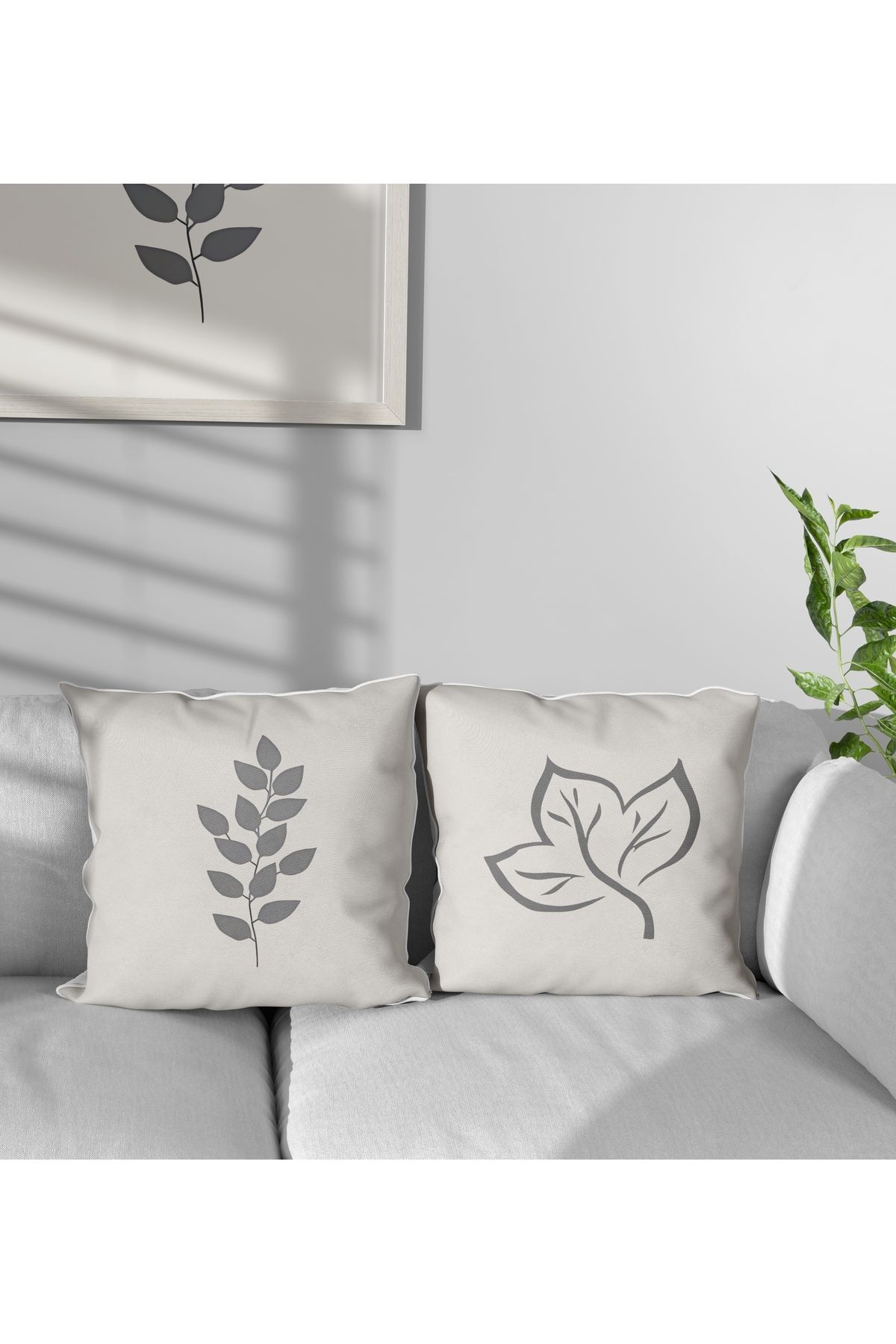 ALAMODECOR Gri Zemin Üzerinde Bohem Yaprak Desenli Çift Taraflı Dijital Baskılı 2li Kırlent Kılıfı Seti