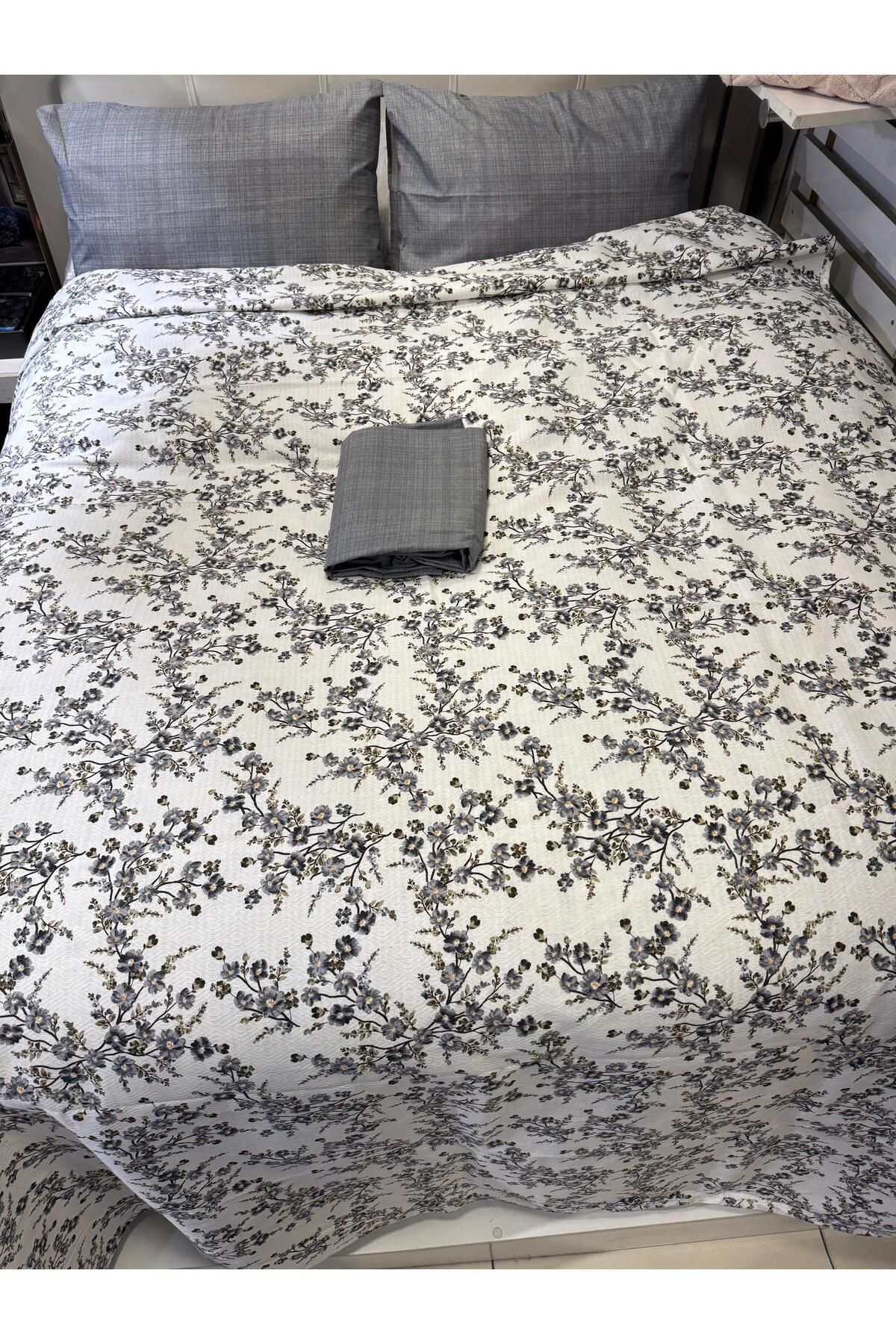 ŞENER HOME-Plum Branch Patterned Sheet Elastic Double Pique Set 4