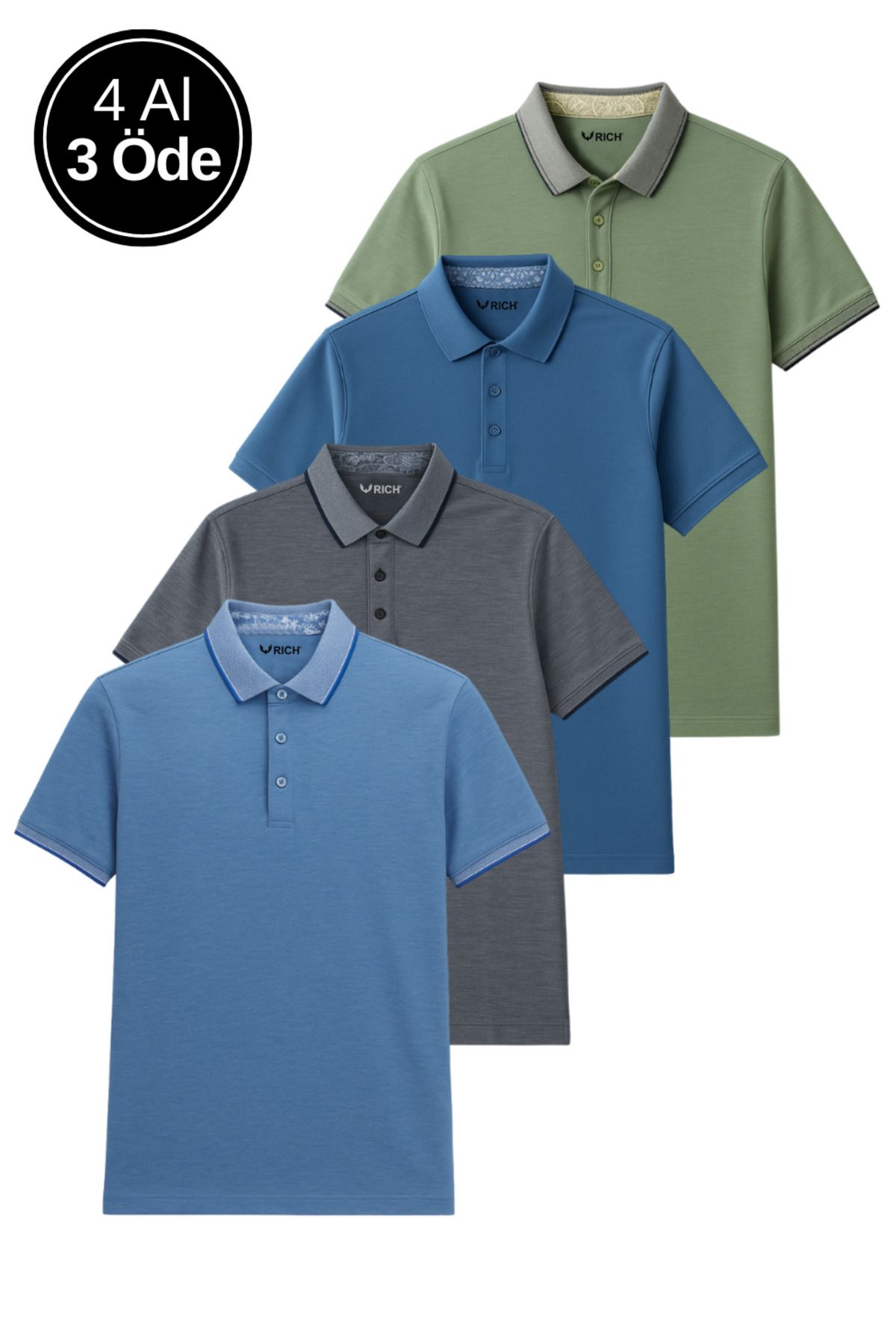 Rich Erkek 4'Lü Paket Slim Fit Tişört Dar Kesim Nefes Alan Kumaş Kıvrılmaz Yaka Polo Yaka T-Shirt