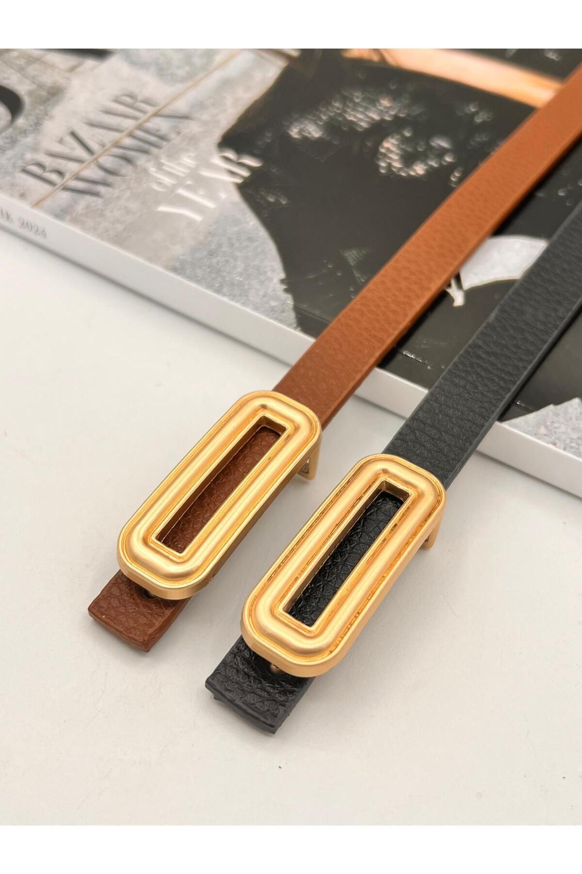 NOİR LUXE 2'li İnce Pimli Gold Tokalı Kadın Kemer Pantolon Kemeri Elbise Kemeri Gömlek Kemeri Ceket Kemer