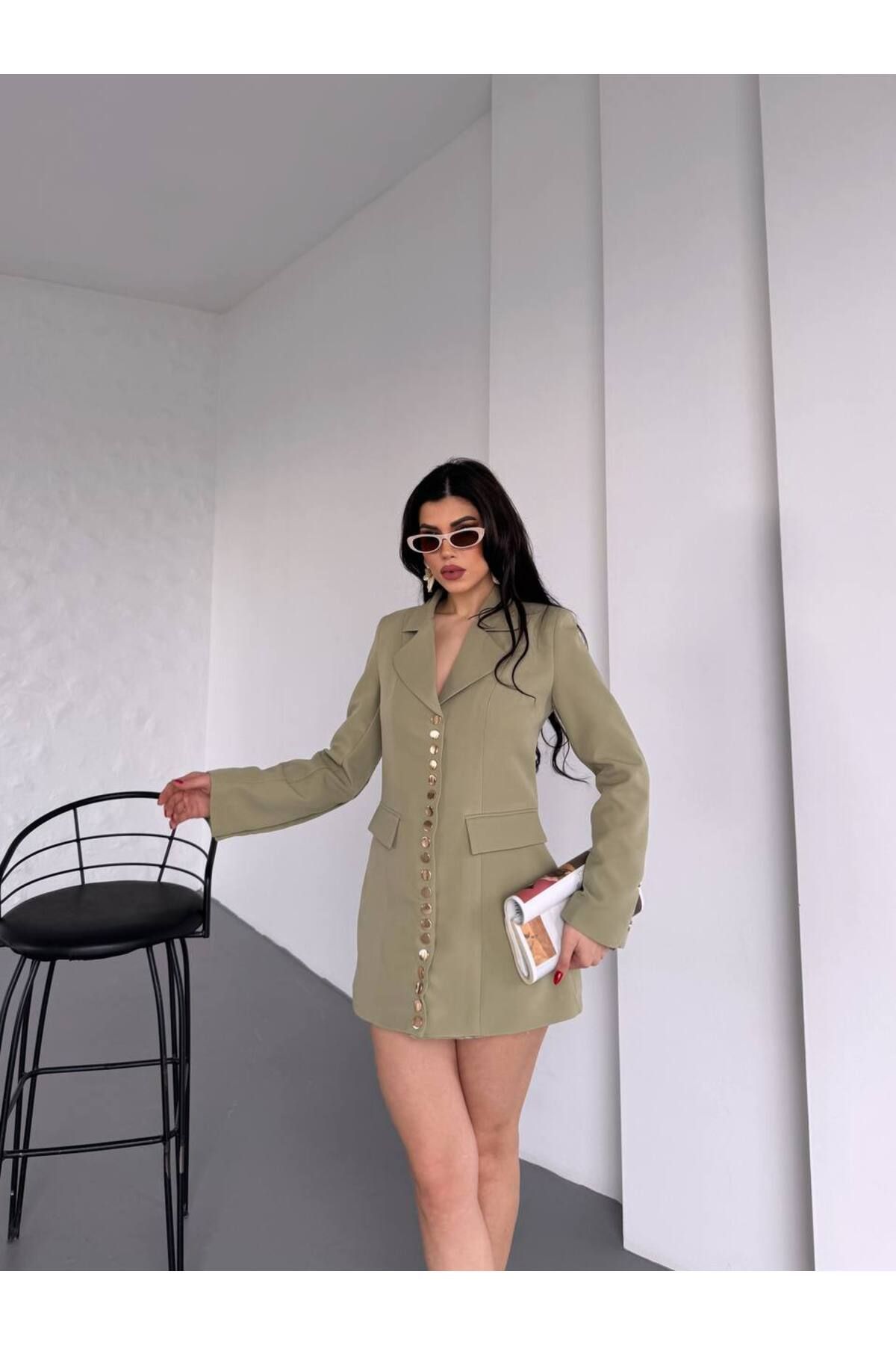 BARG FASHION Kadın Pilli Düğme Ceket Elbise