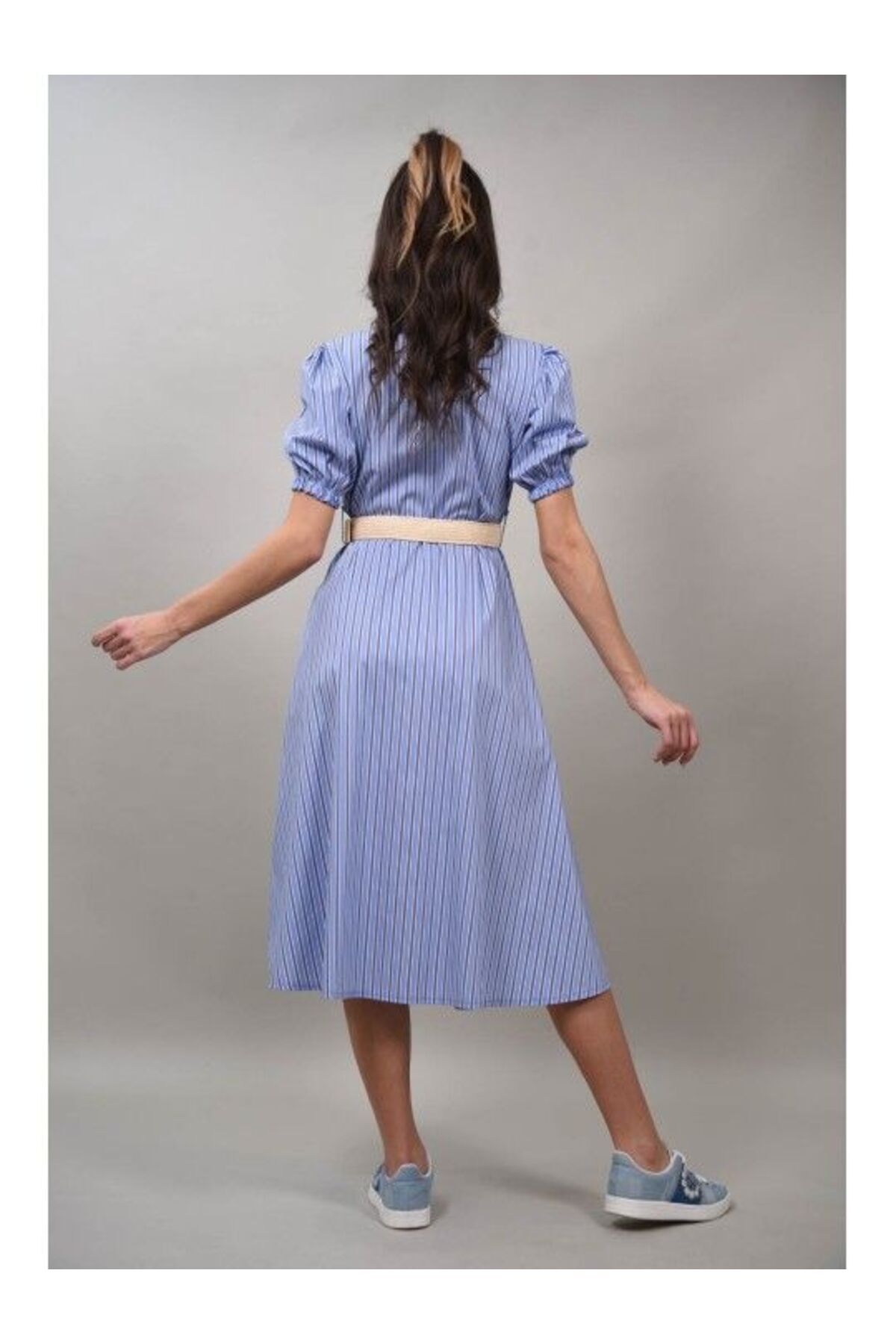 FASHIONLAND-Zeffiretto Short Sleeve Shirt Midi Dress Single Waist Blue 4