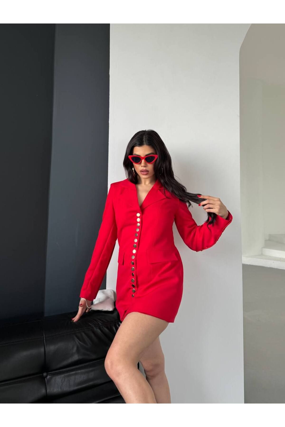 BARG FASHION Kadın Pilli Düğme Ceket Elbise
