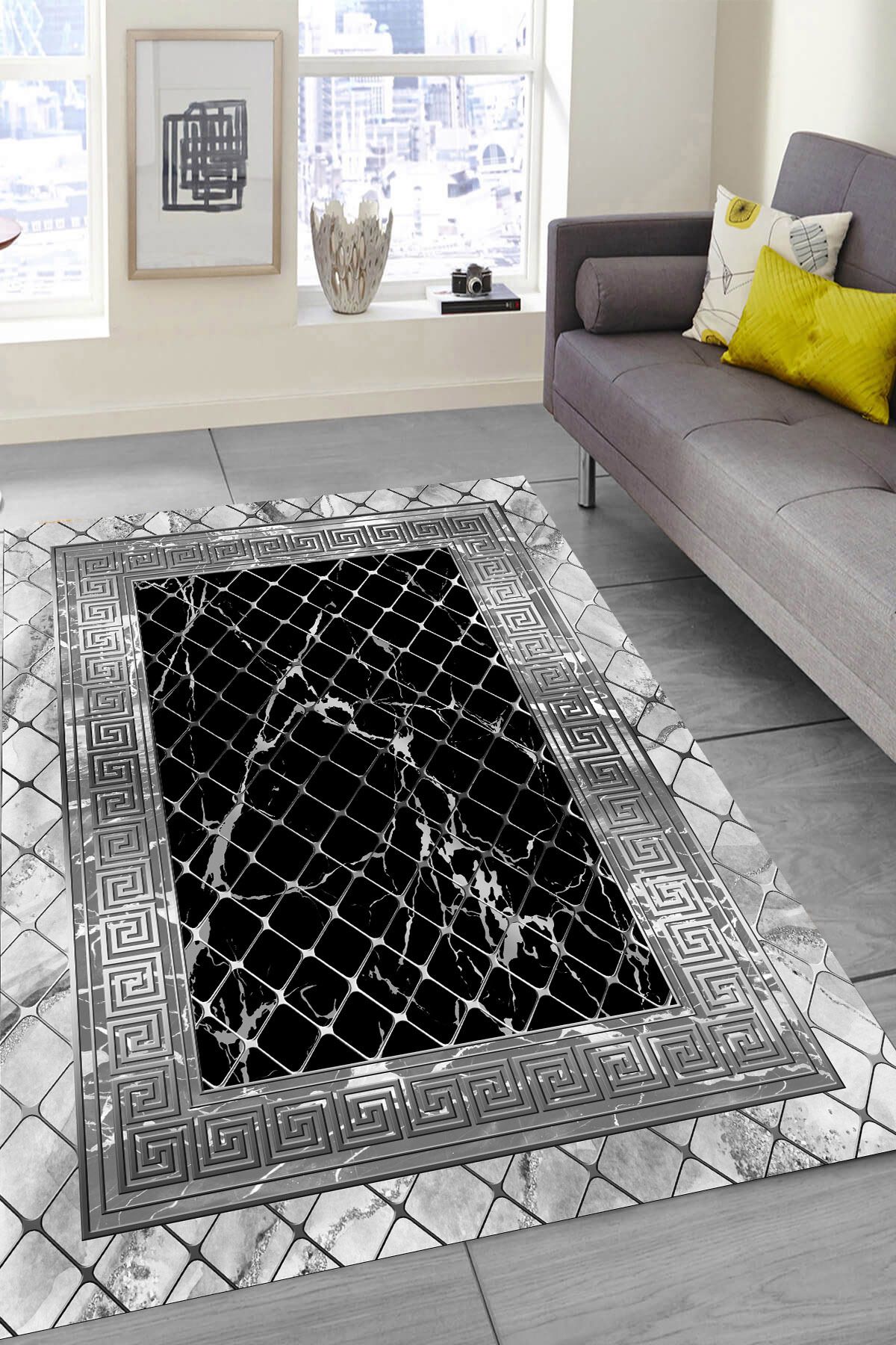 MODANOİVA Makinede Yıkanabilir Kaymaz Taban Leke Tutmaz Siyah Mermer Desenli Salon ve Yolluk Halısı