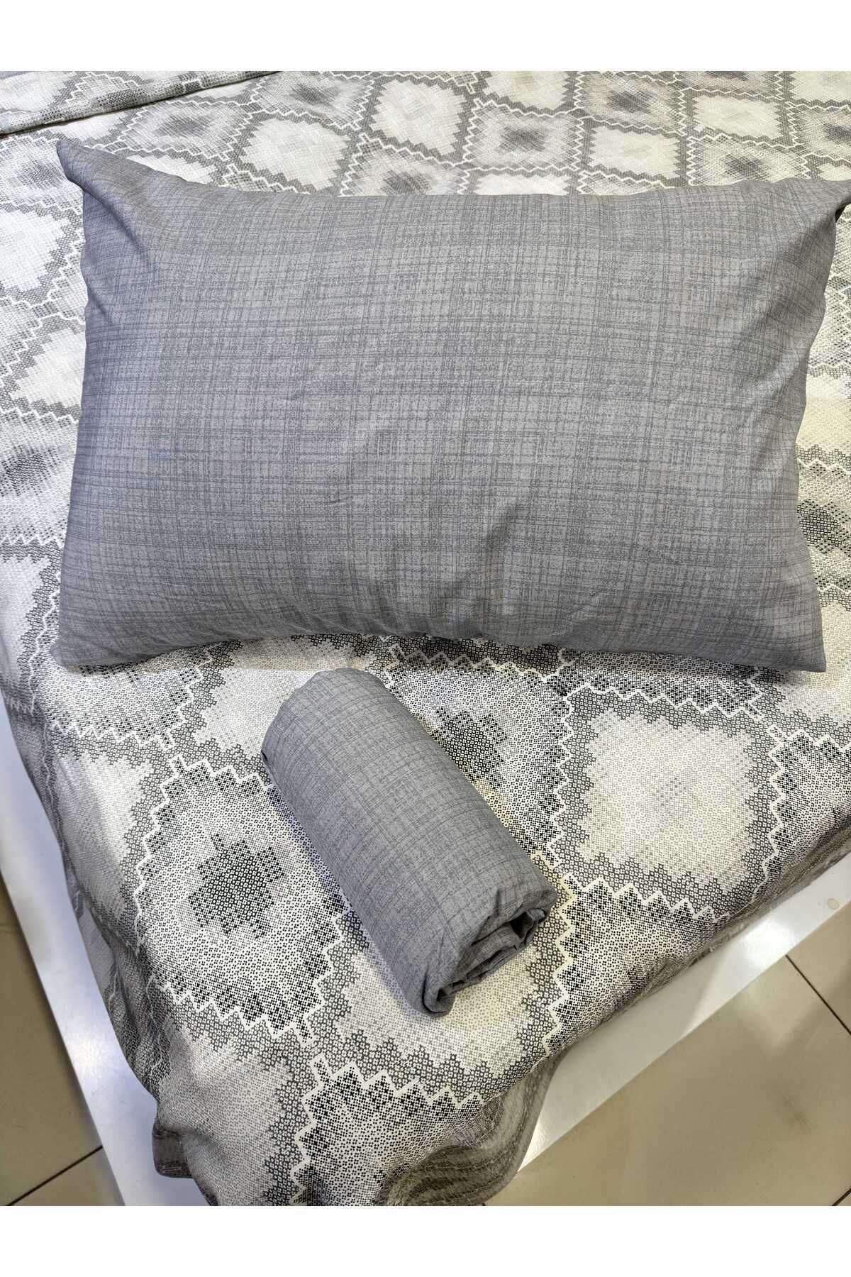 ŞENER HOME-Canvas Patterned Bed Sheet with Elastic Double Pique Set - Gray 4