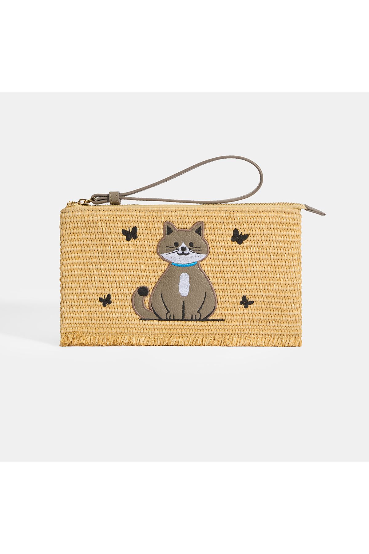 Desa Kadın Gri Kedi Nakışlı Hasır Clutch
