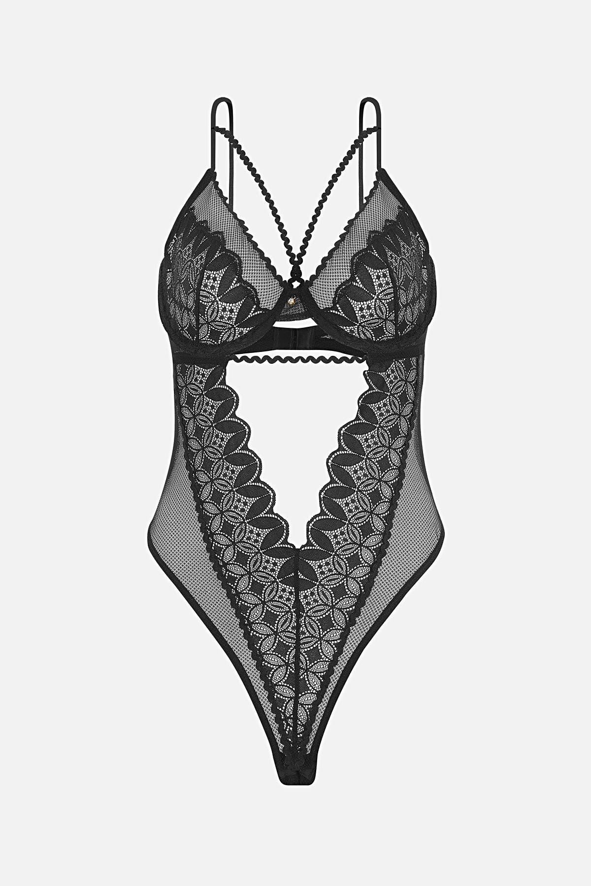 Wonna Dantelli Taş ve Lastik Detaylı Bodysuite - Kapsız - Fashion - 2727 - Siyah