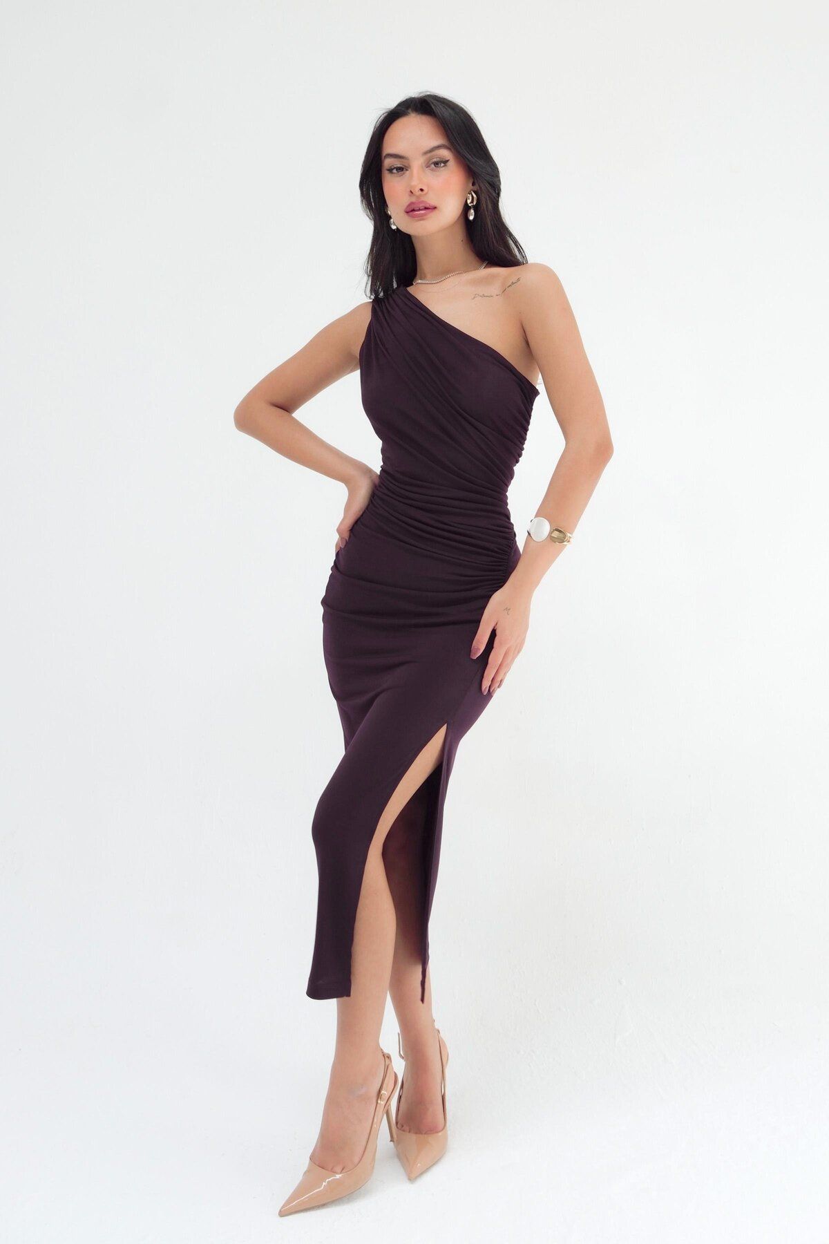 STANVİA-Rochie Midi Drapată pe un umăr Violet 2