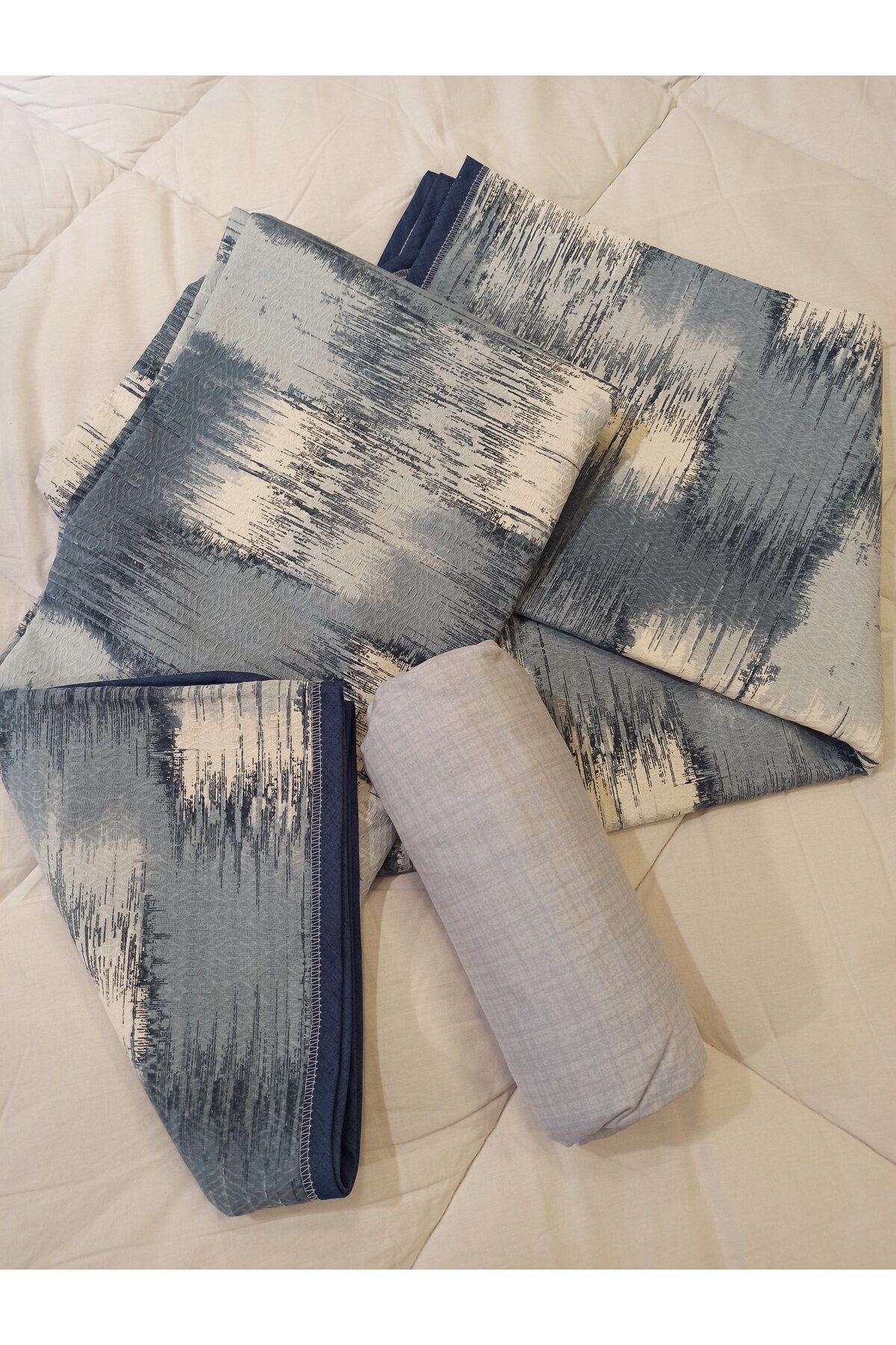 ŞENER HOME-Patchwork Patterned Bed Sheet with Elastic Double Pique Set - Blue 6