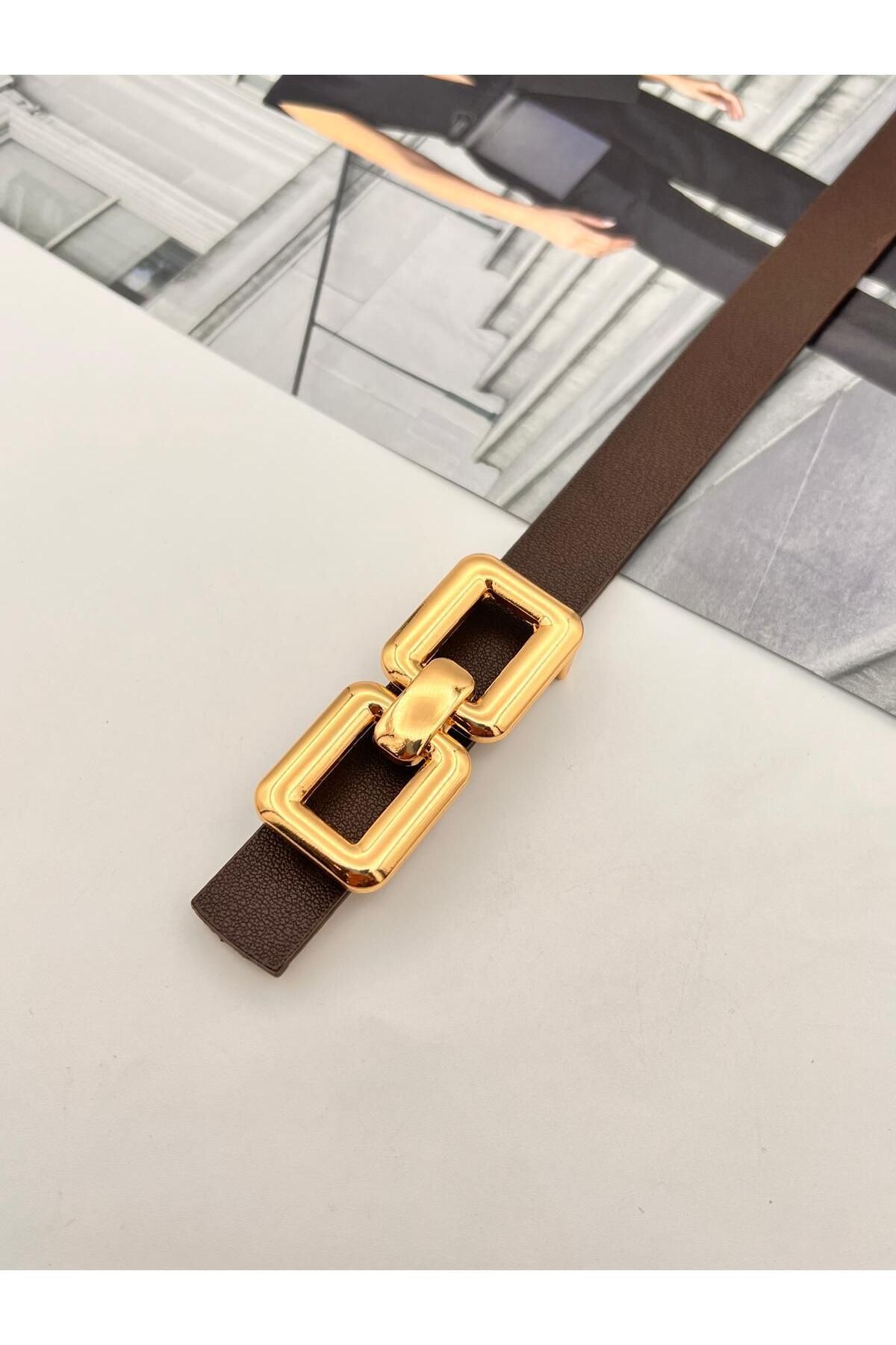 NOİR LUXE Kare Pimli Gold Tokalı Acı Kahve Kadın Kemer Pantolon Kemeri Elbise Kemeri Gömlek Kemeri Ceket Kemer