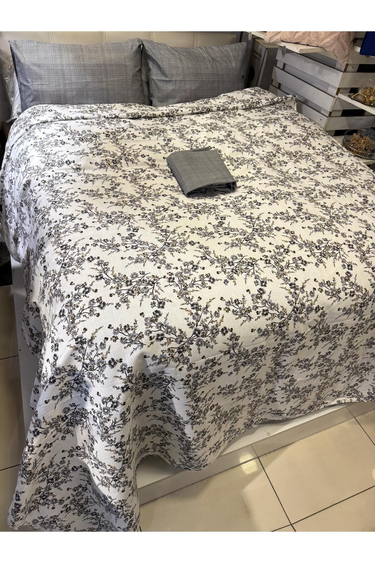 ŞENER HOME-Plum Branch Patterned Sheet Elastic Double Pique Set 3