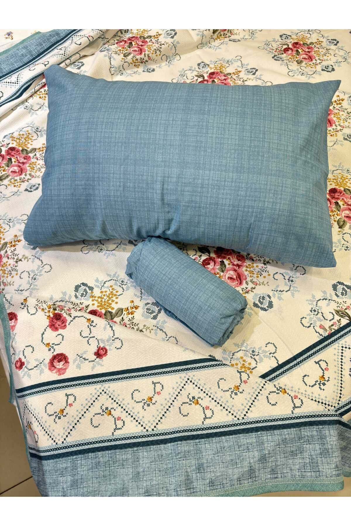 ŞENER HOME-Bouquet Patterned Bed Sheet with Elastic Double Pique Set - Petrol Green 6