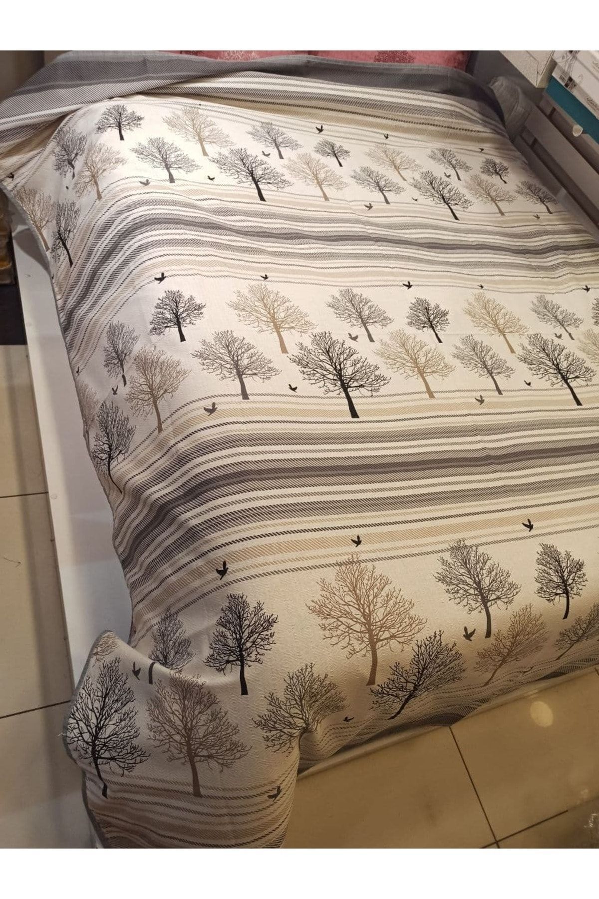 ŞENER HOME-New Tree of Life Patterned Bed Sheet with Elastic Double Pique Set - Gray 8