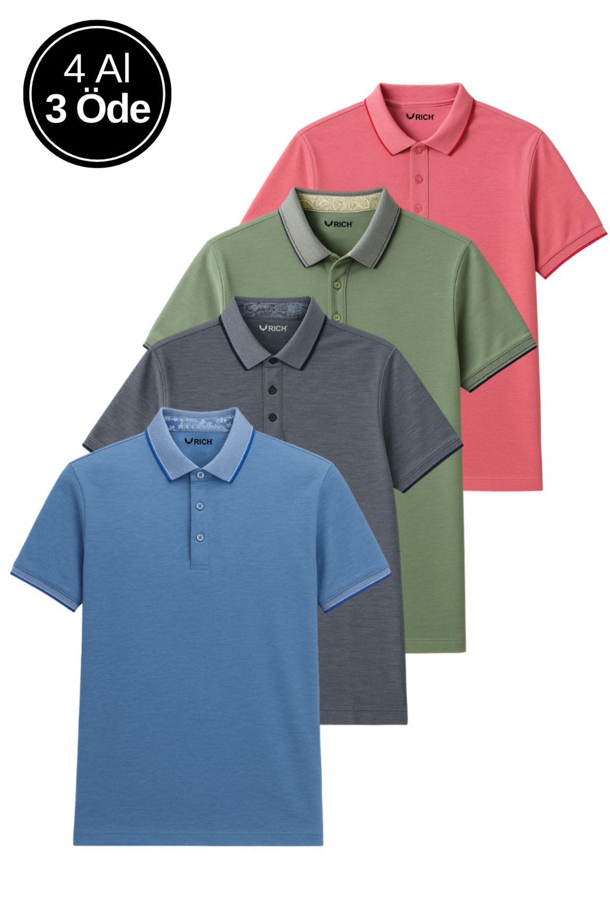 Rich Erkek 4'Lü Paket Slim Fit Tişört Dar Kesim Nefes Alan Kumaş Kıvrılmaz Yaka Polo Yaka T-Shirt