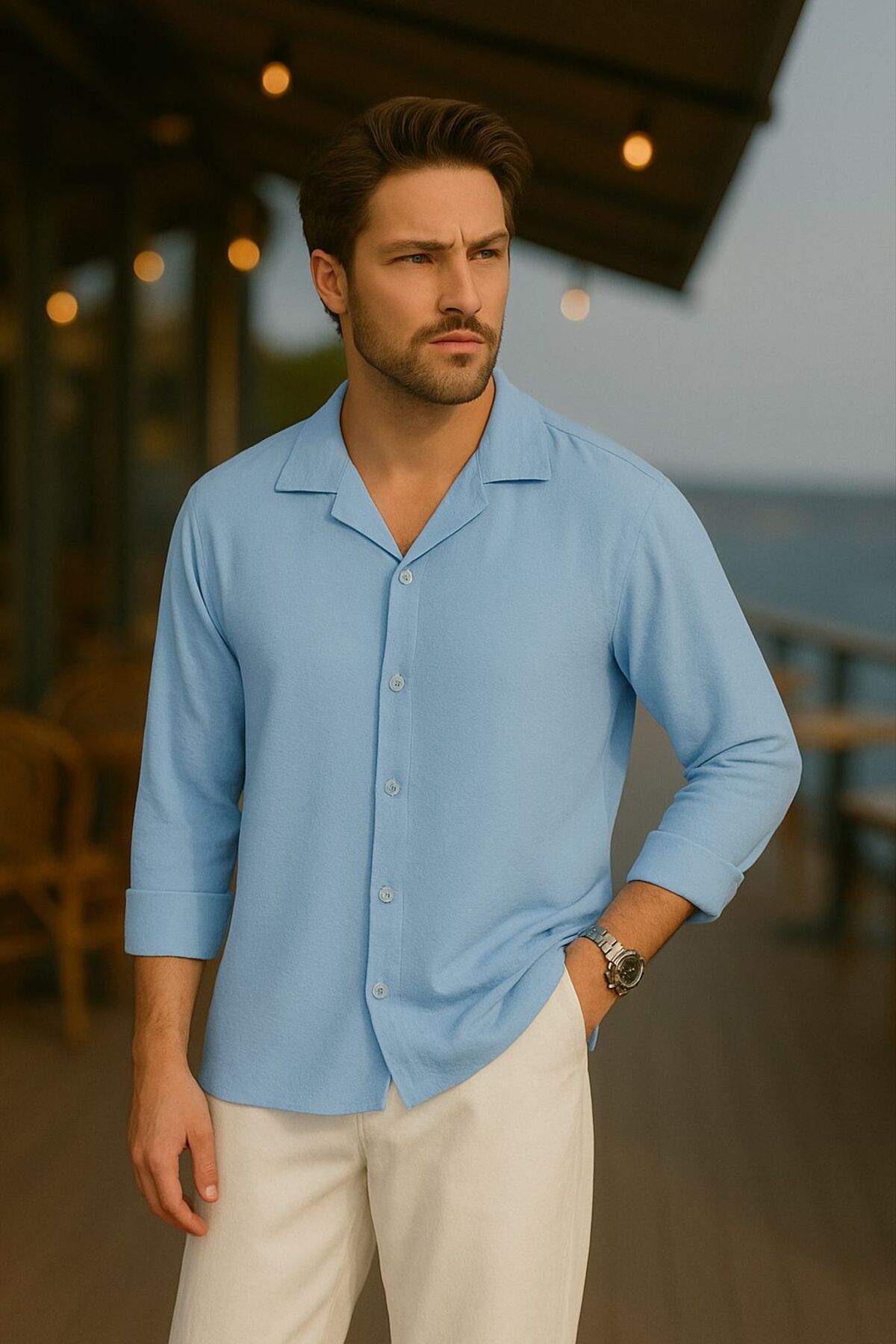 EKZMODA Erkek Bebe Mavisi Keten Bol Kalıp Uzun Kollu Dokulu Yazlık Oversize Aerobin Gömlek