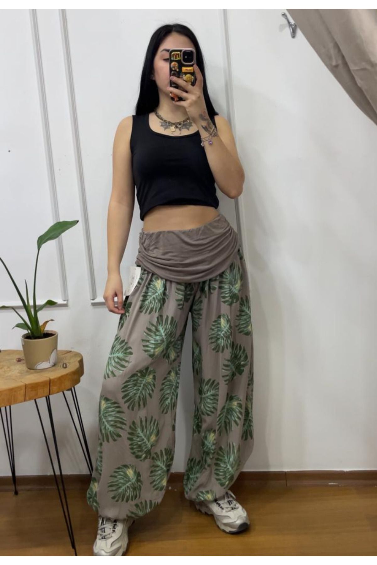 FASİON Kadın İtalyan Otantik Desenli Viskon Beli Paçası Lastikli Salaş Şalvar Pantalon