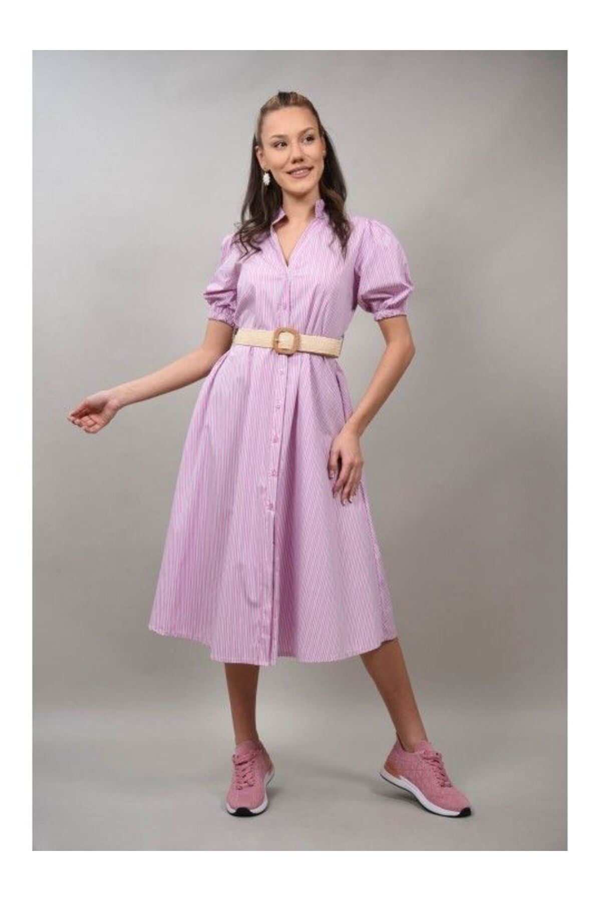 FASHIONLAND-Zeffiretto Short Sleeve Shirt Midi Dress One Size Baby Pink 1