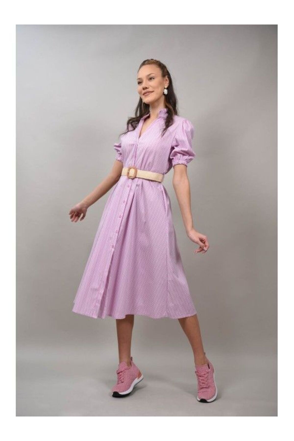 FASHIONLAND-Zeffiretto Short Sleeve Shirt Midi Dress One Size Baby Pink 2