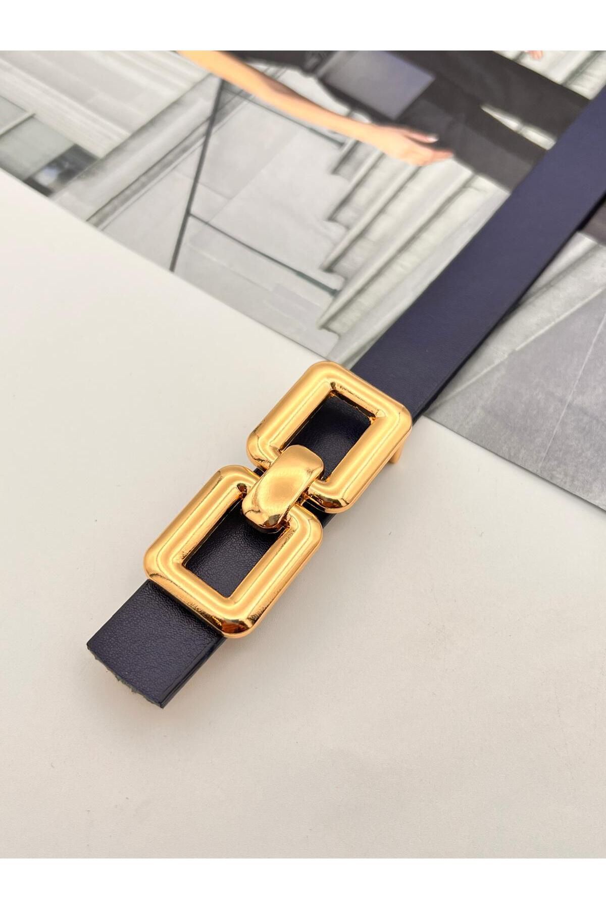 NOİR LUXE Kare Pimli Gold Tokalı Lacivert Kadın Kemer Pantolon Kemeri Elbise Kemeri Gömlek Kemeri Ceket Kemer