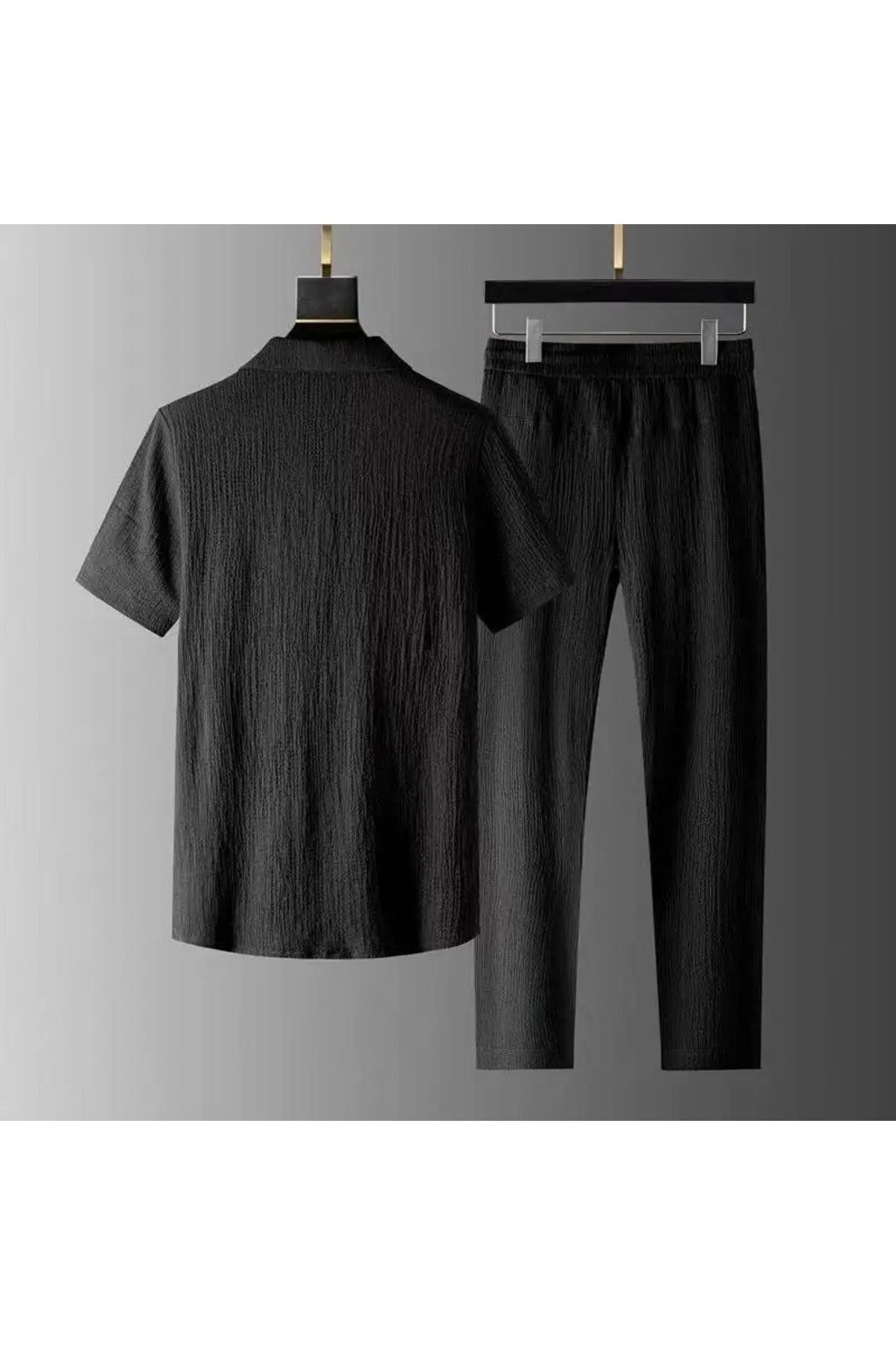 exans moda Unisex Kadın/Erkek şal yaka Bürümcük Krinkıl Kumaş Yazlık Likralı Kısa Kol Tişört Eşofman takım