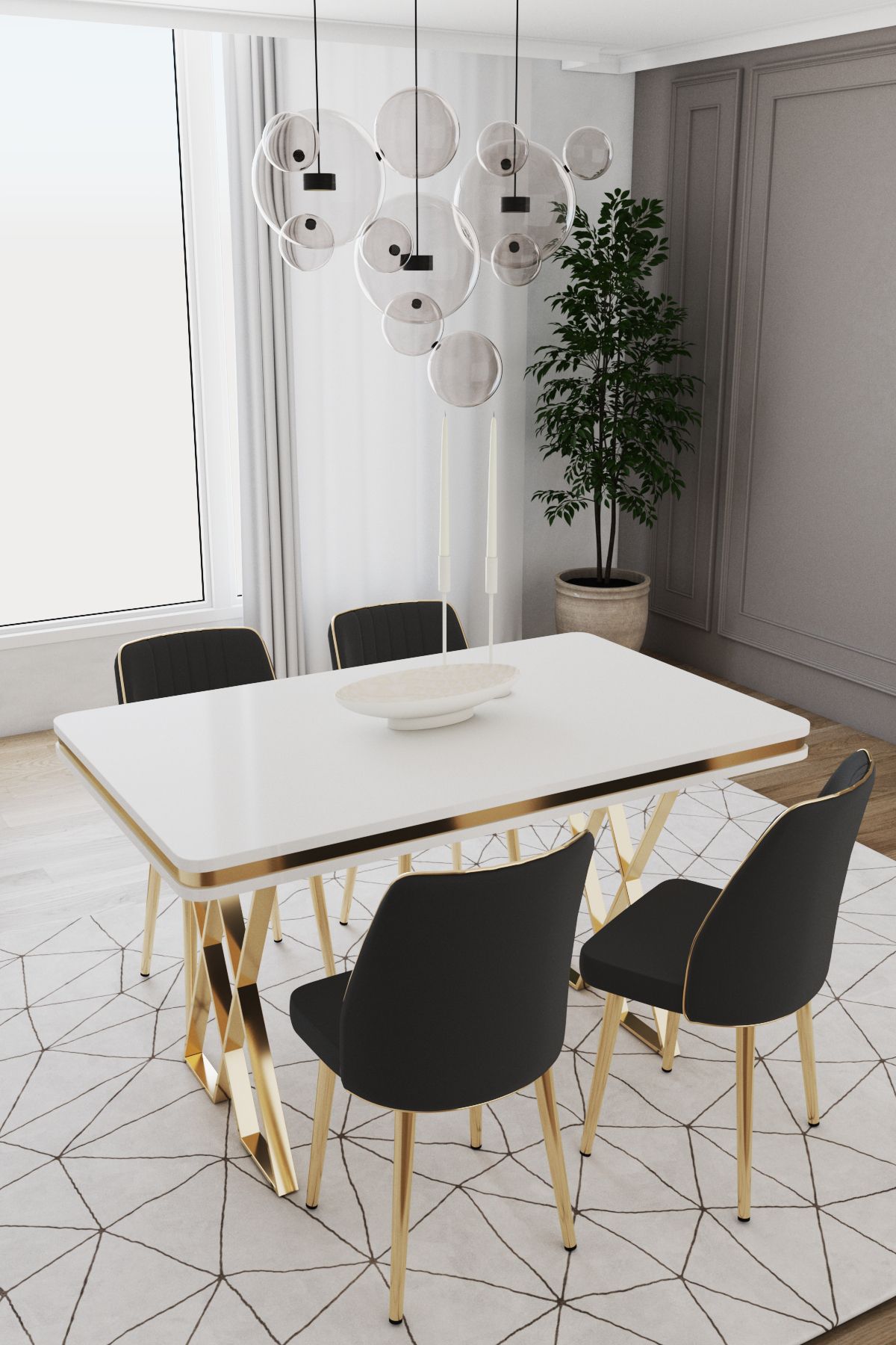 DEREN HOME Val Serisi 80x130 MDF Masa 4 Adet Metal Ayaklı Silinebilir Kumaş Masa Takımı Siyah Sandalye