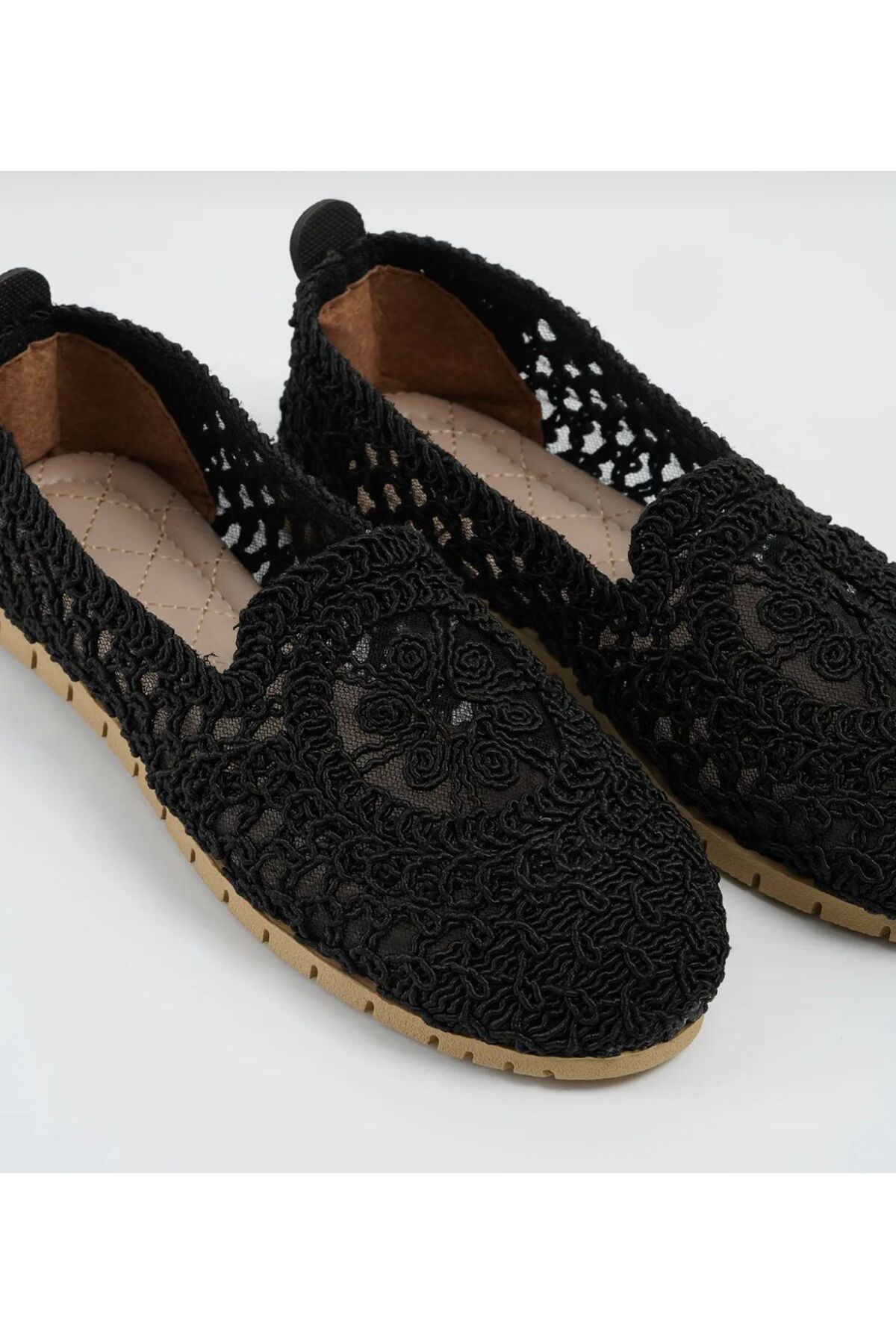 Shoebuo Kadın Siyah Çiçek Nakış Triko Hasır Babet Rahat Tabanlı Günlük