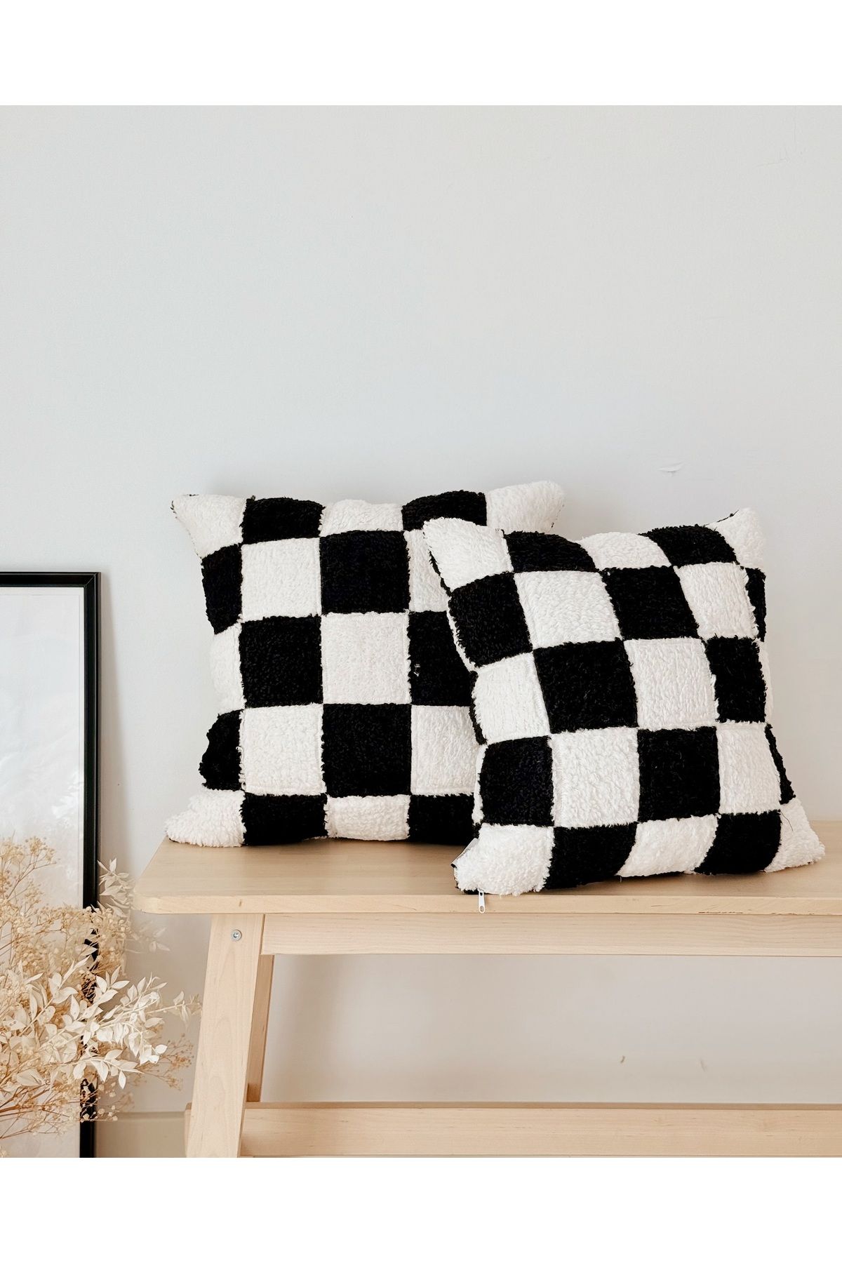 Hestia Home Teddy Kırlent Kılıfı Damalı Yastık Kılıfı Siyah