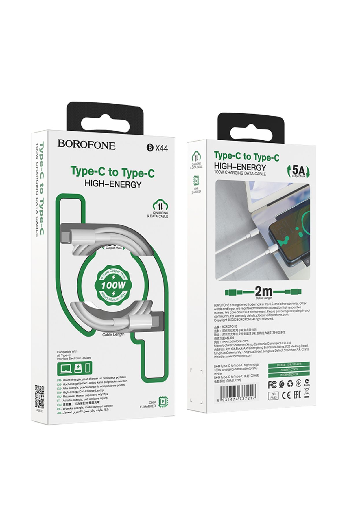Borofone-Cablu de date și încărcare Laptop Tabletă Smartphone Alimentare 100 W USB Tip-C la USB Tip-C 2M 5A Borofone 9