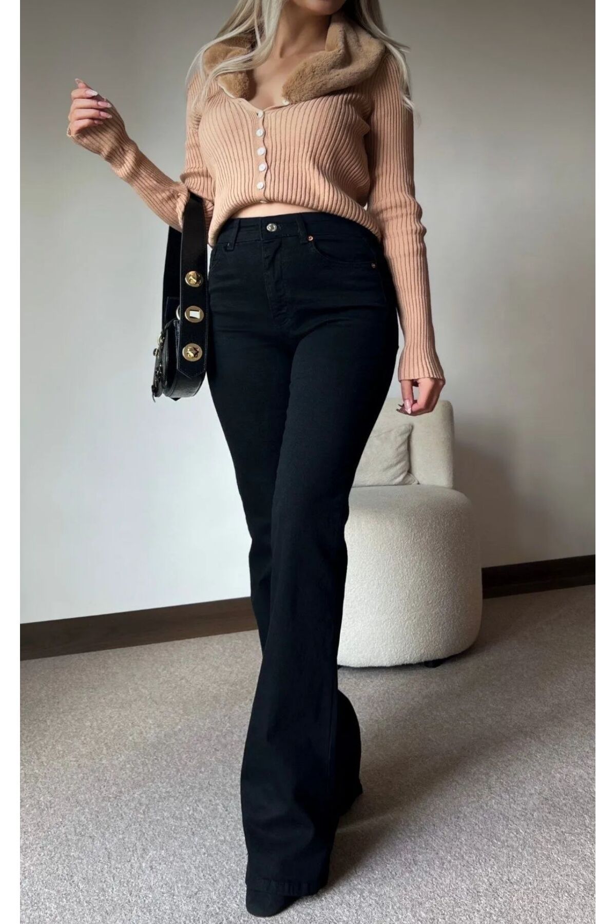 CİHAN PAPEL Isabella Zero Max Yüksek Bel Esnek Siyah İspanyol Paça Jeans Pantolon(tam kalıp)