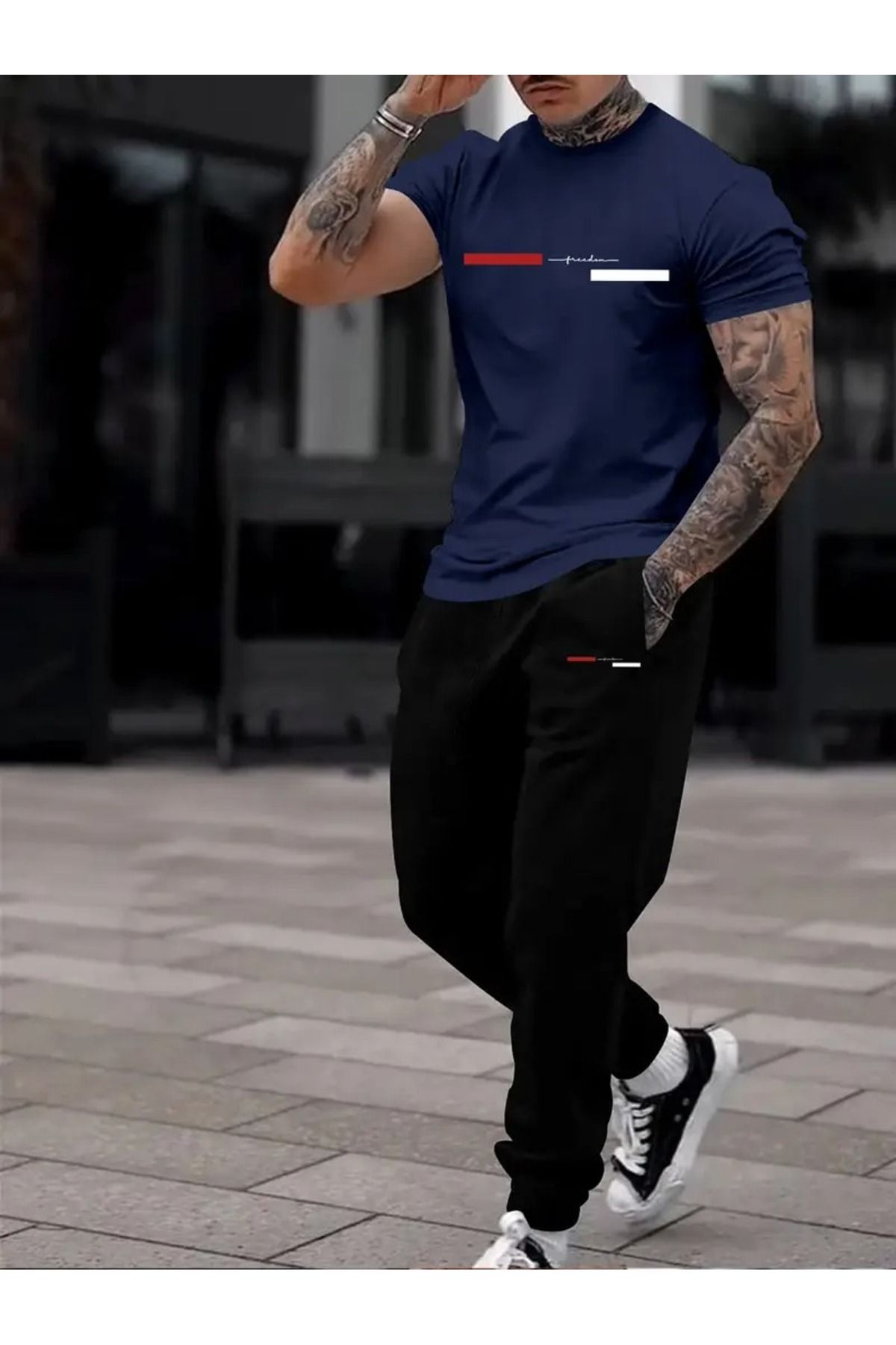PAVRO Erkekler için Günlük Moda Kısa Kollu eşofman Takım Üst + eşofman İki Parça Set CİZGİ ŞERİT baskılı