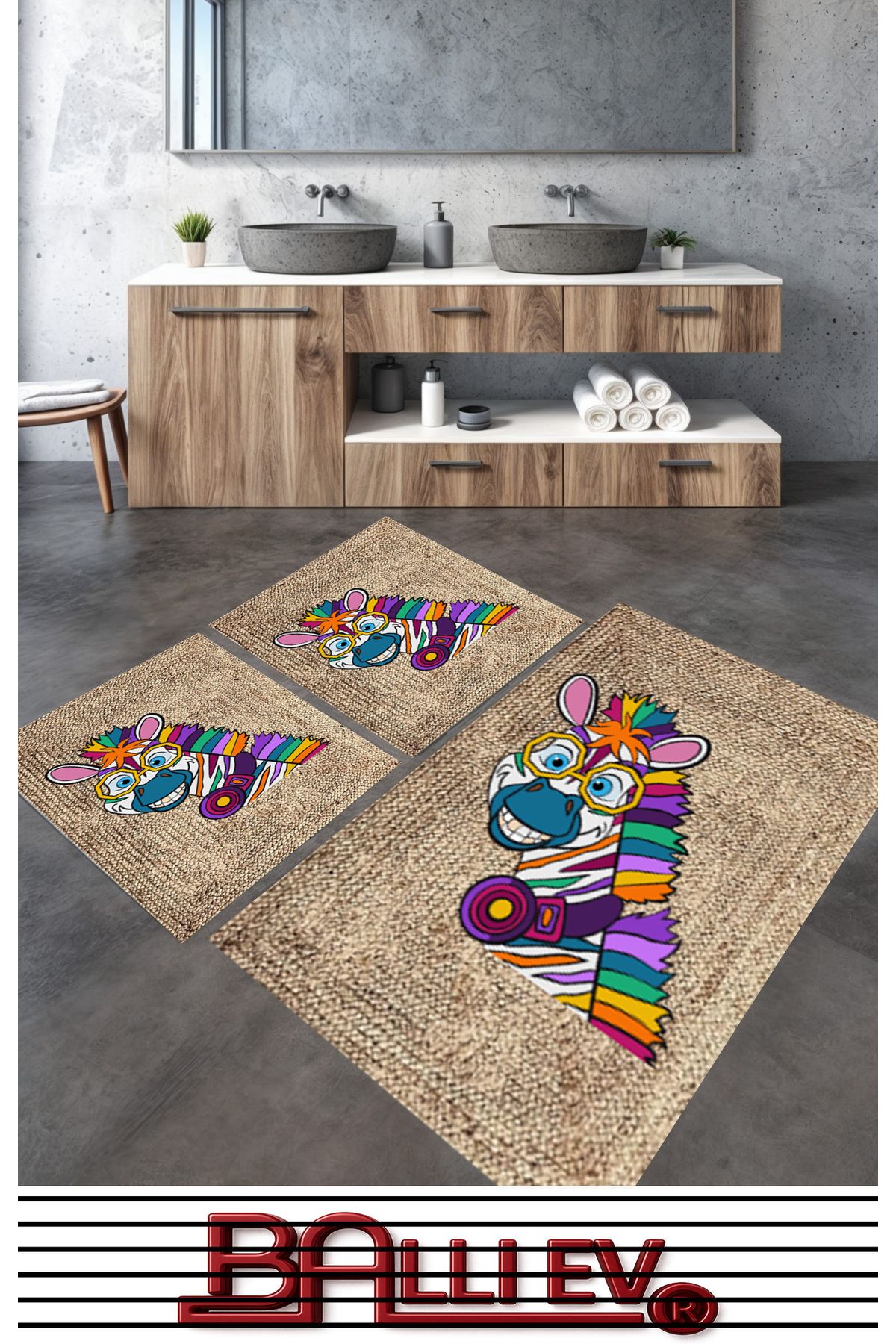 balliev Zebra Desenli Jüt ( 3'lü SET ) Kaymaz Taban Banyo Halısı Banyo Paspası Klozet Takımı