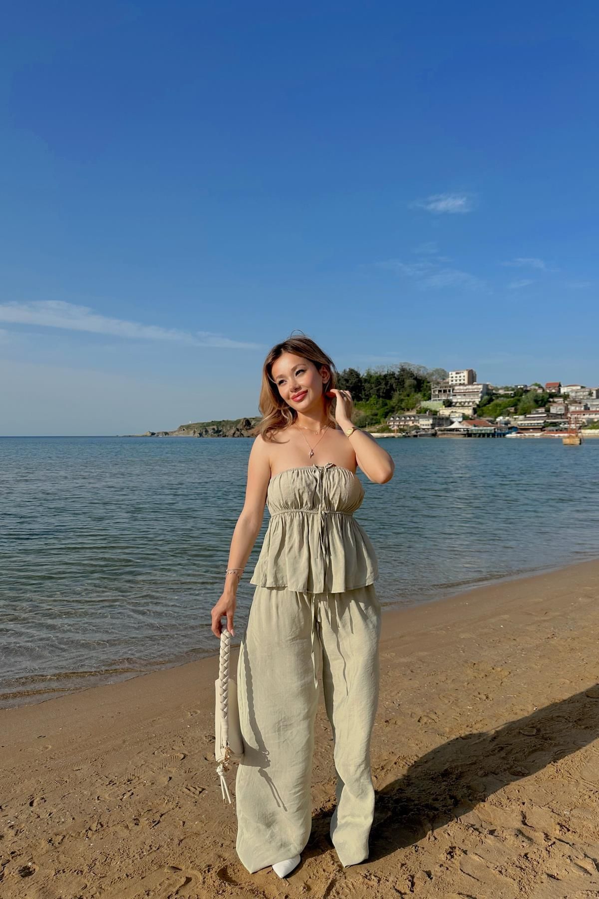 mylove Relax Straplez Bluz Pantolon Takım Haki