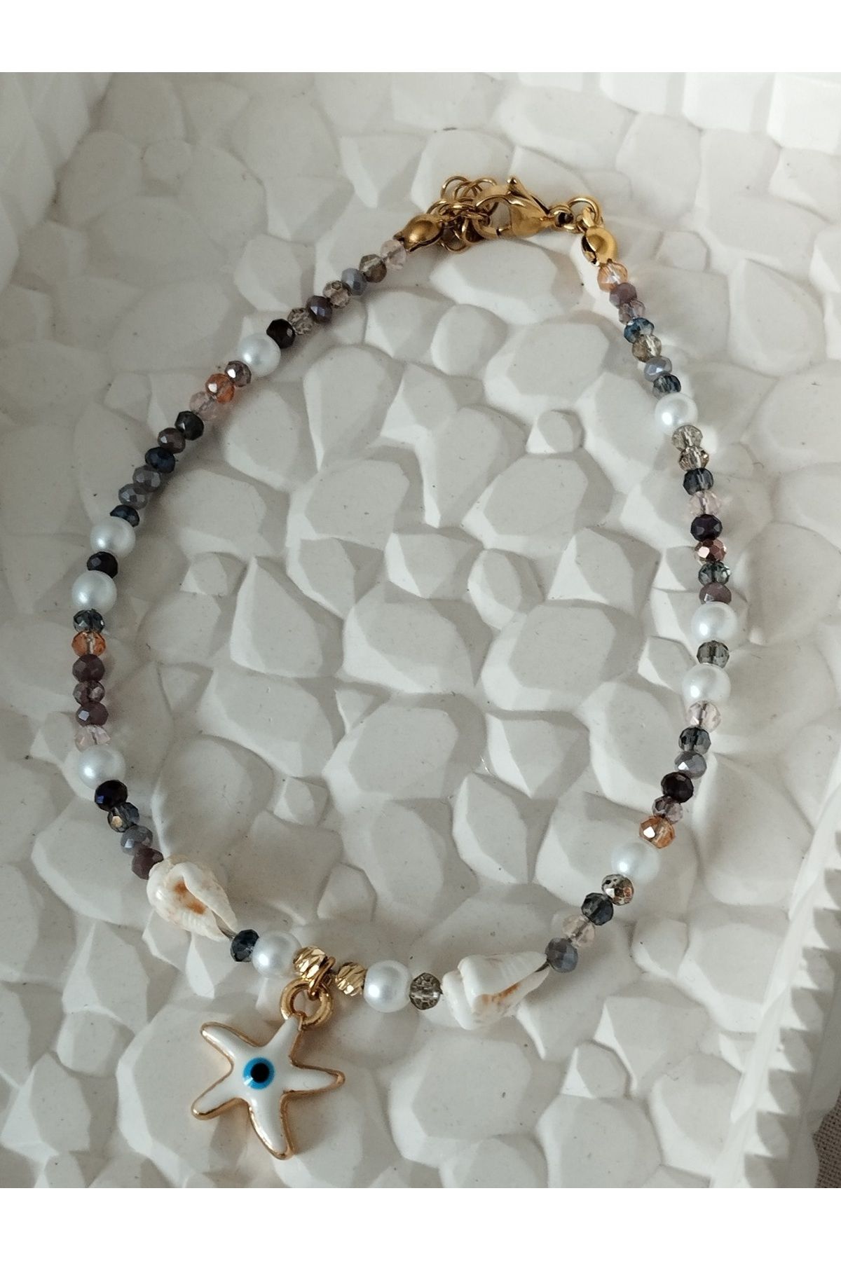 Amabel Jewelerys Nazar Boncuk Deniz Yıldızı ve Midye Detaylı Kristal Yaz Güzeli Kadın Halhal