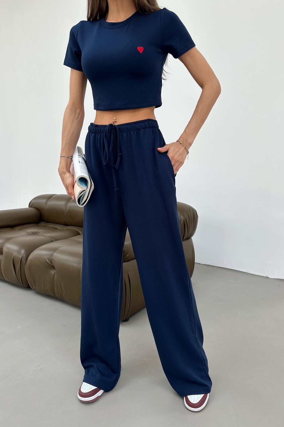 mylove Mini Kalp Nakışlı Modal Crop Takım Lacivert