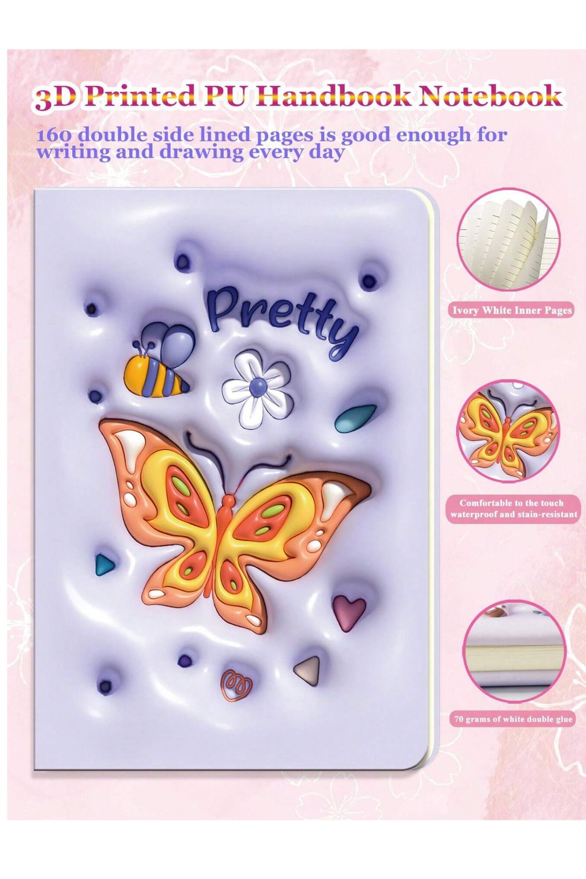 NaSaDAN 3D Kelebek Puf Kabartmalı A5 Çizgili Defter