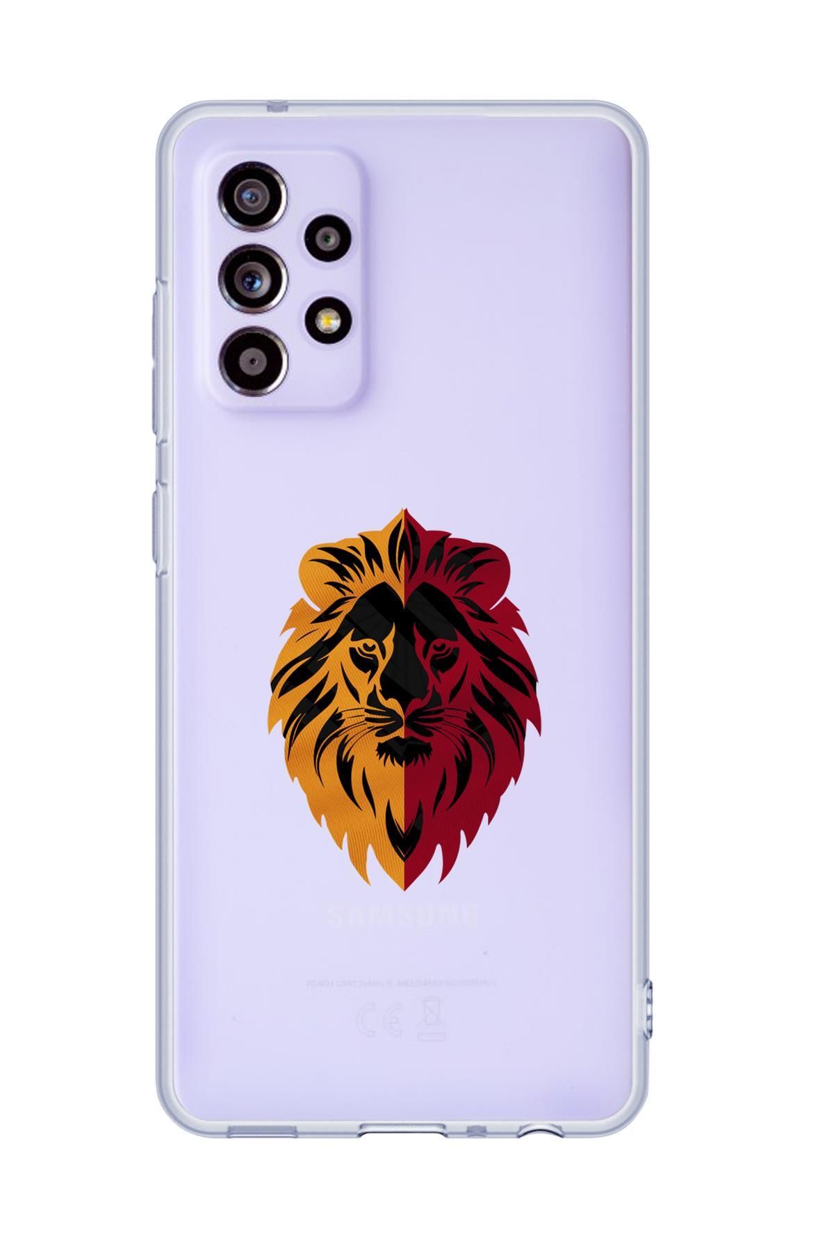 mooodcase Samsung A72 Uyumlu Sarı Kırmızı Aslan Desenli Premium Şeffaf Silikon Kılıf