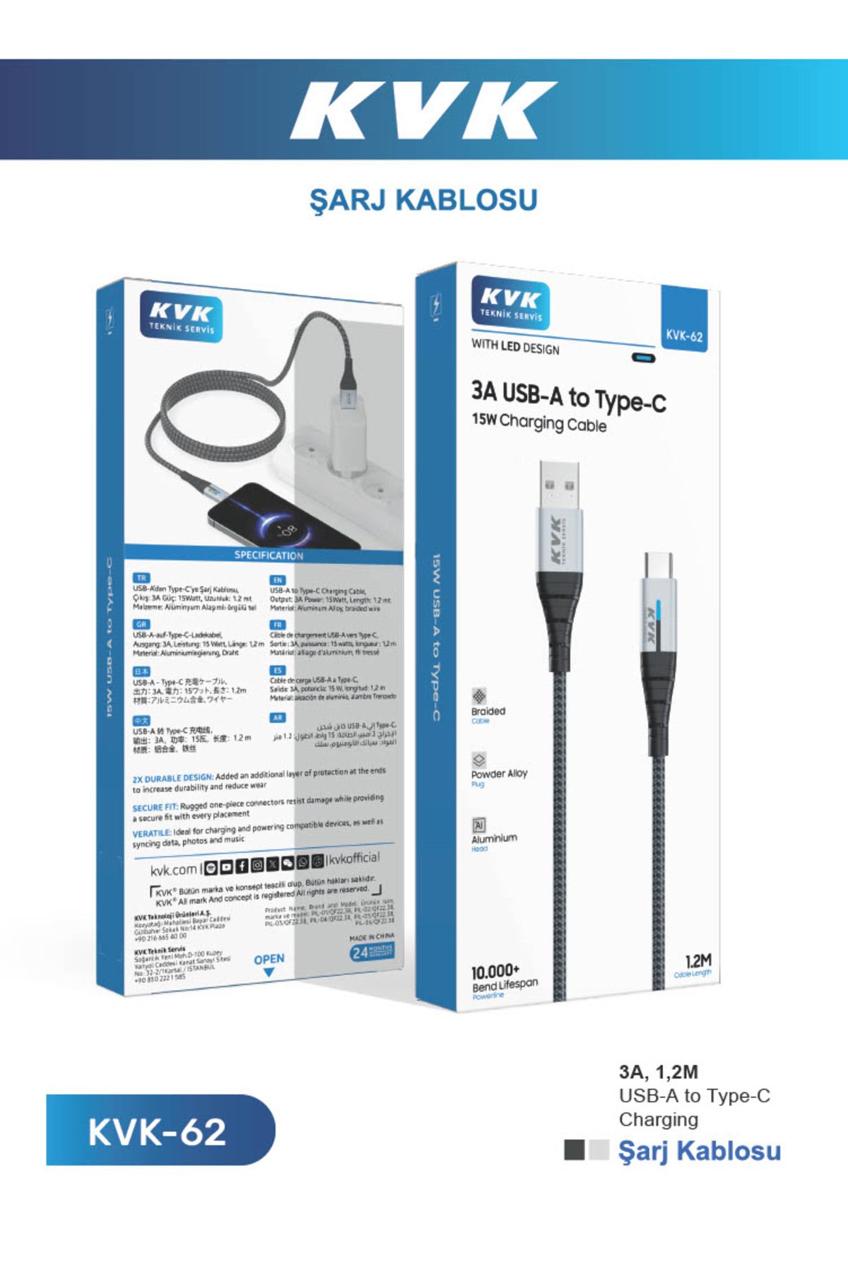 Çeşitli HASIR IŞIKLI 3A USB-A TO TYPE-C 15W 1.2M KABLO