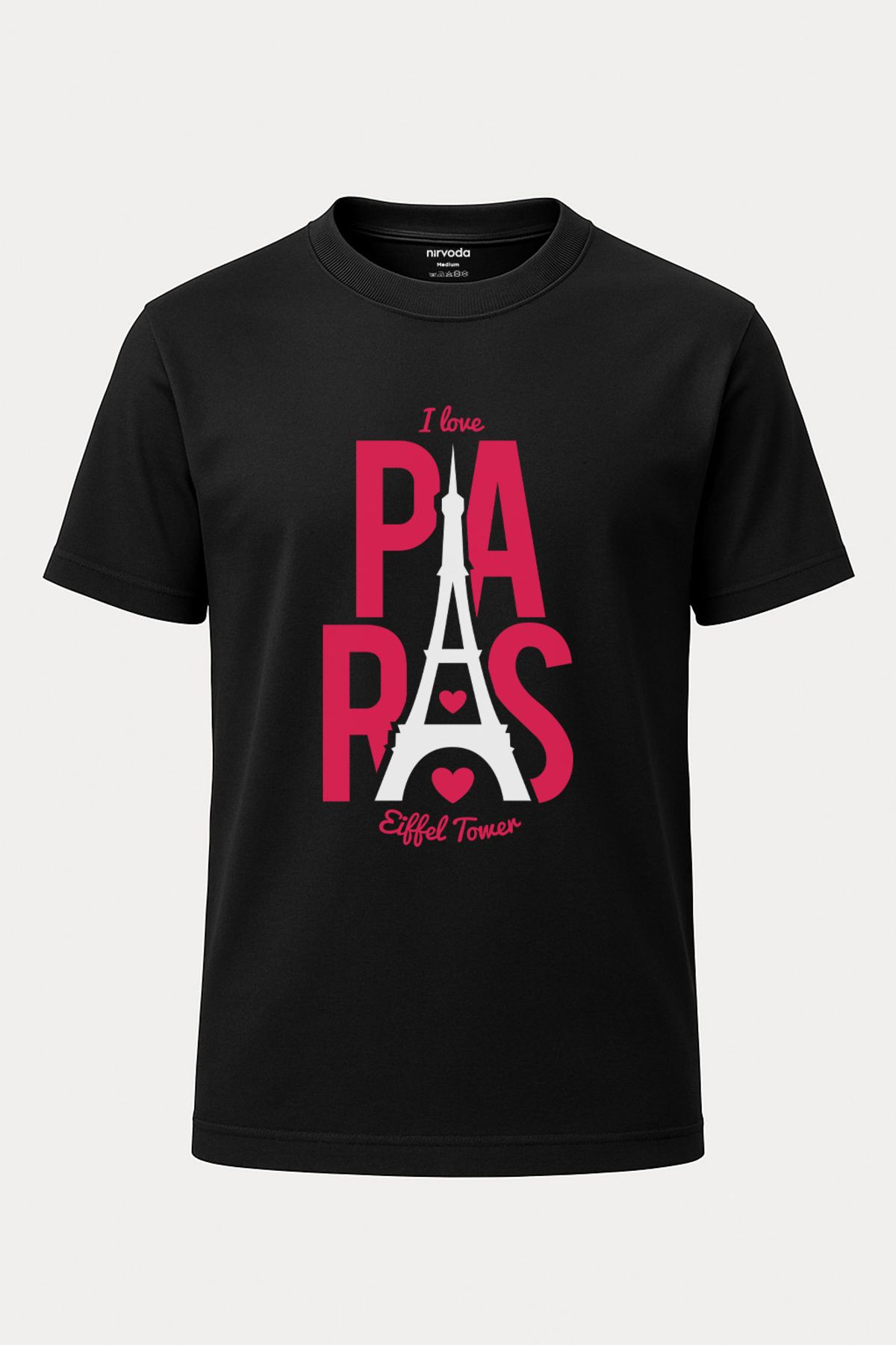 nirvoda Unisex I Love Paris Eyfel Tişört - Baskılı Siyah T-shirt