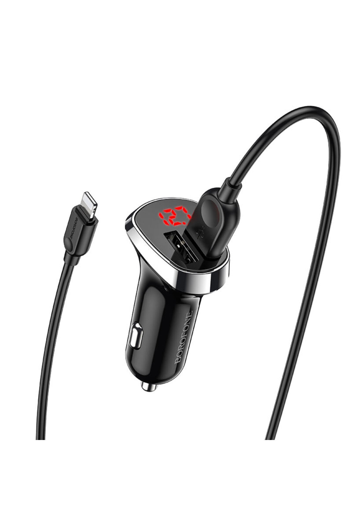 Borofone-Încărcător auto dual USB LED cu cablu Lightning pentru iPhone / Android / Huawei 2.4 A - Negru 2