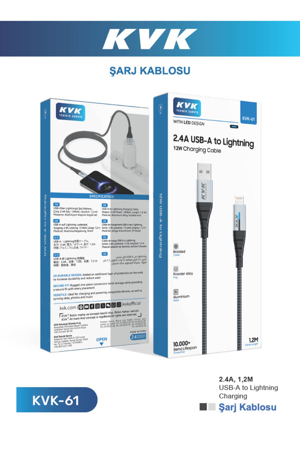 Çeşitli HASIR IŞIKLI 2.4A USB-A TO LIGHTINING 12W 1.2M KABLO