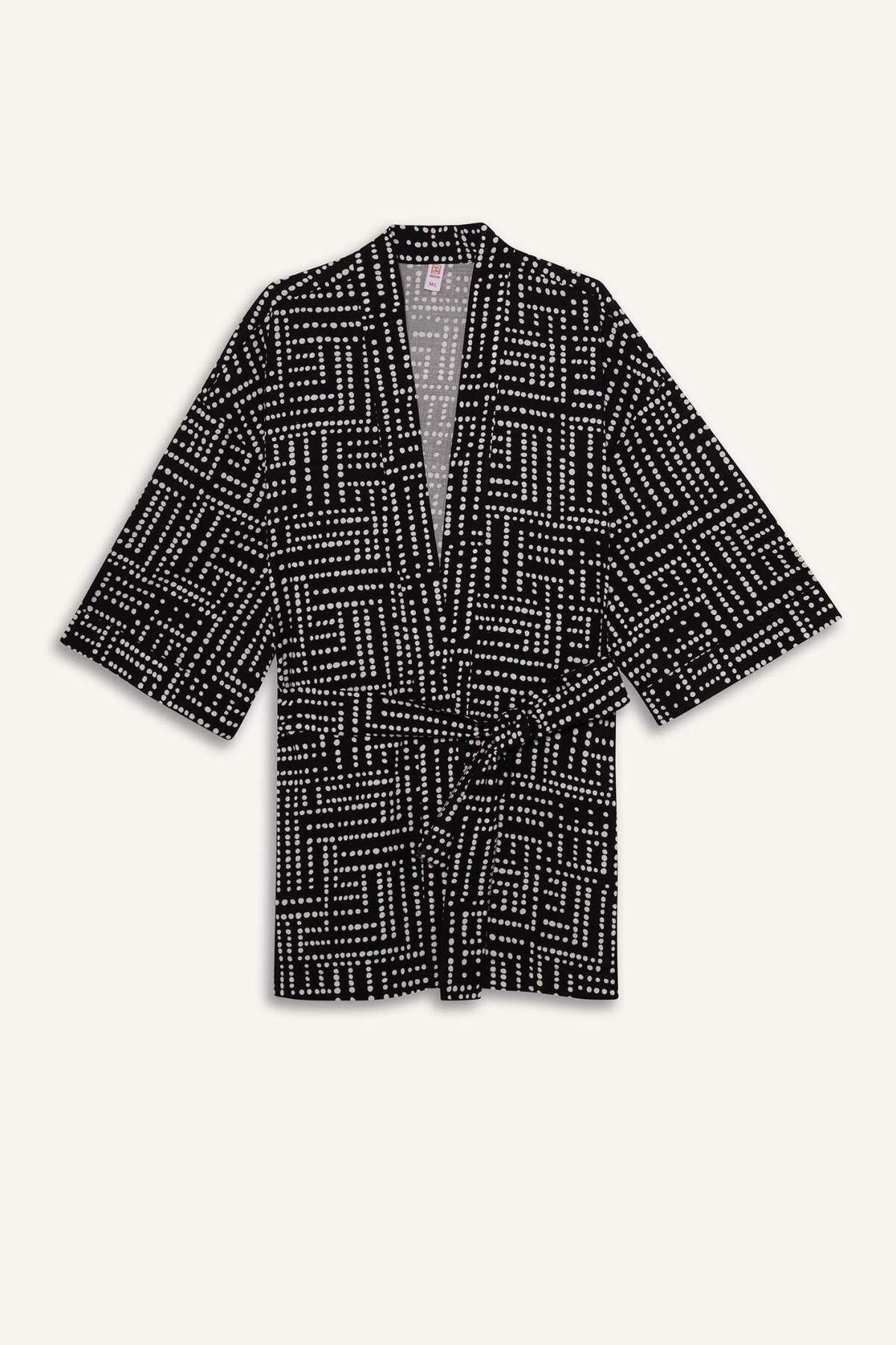 DeFacto Regular Fit Desenli Kuşaklı Pamuklu Kimono