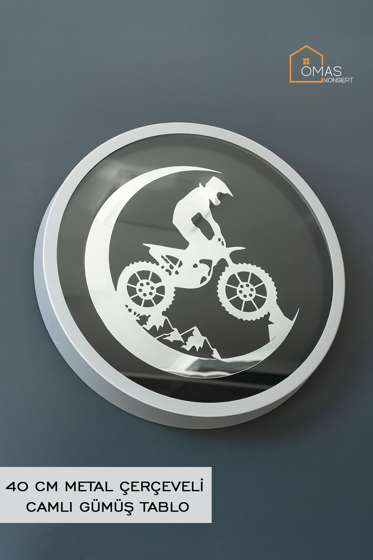 ÖMAS Konsept 40 Cm Gümüş Renk Metal Çerçeveli Camlı Gümüş Motosiklet Tablosu