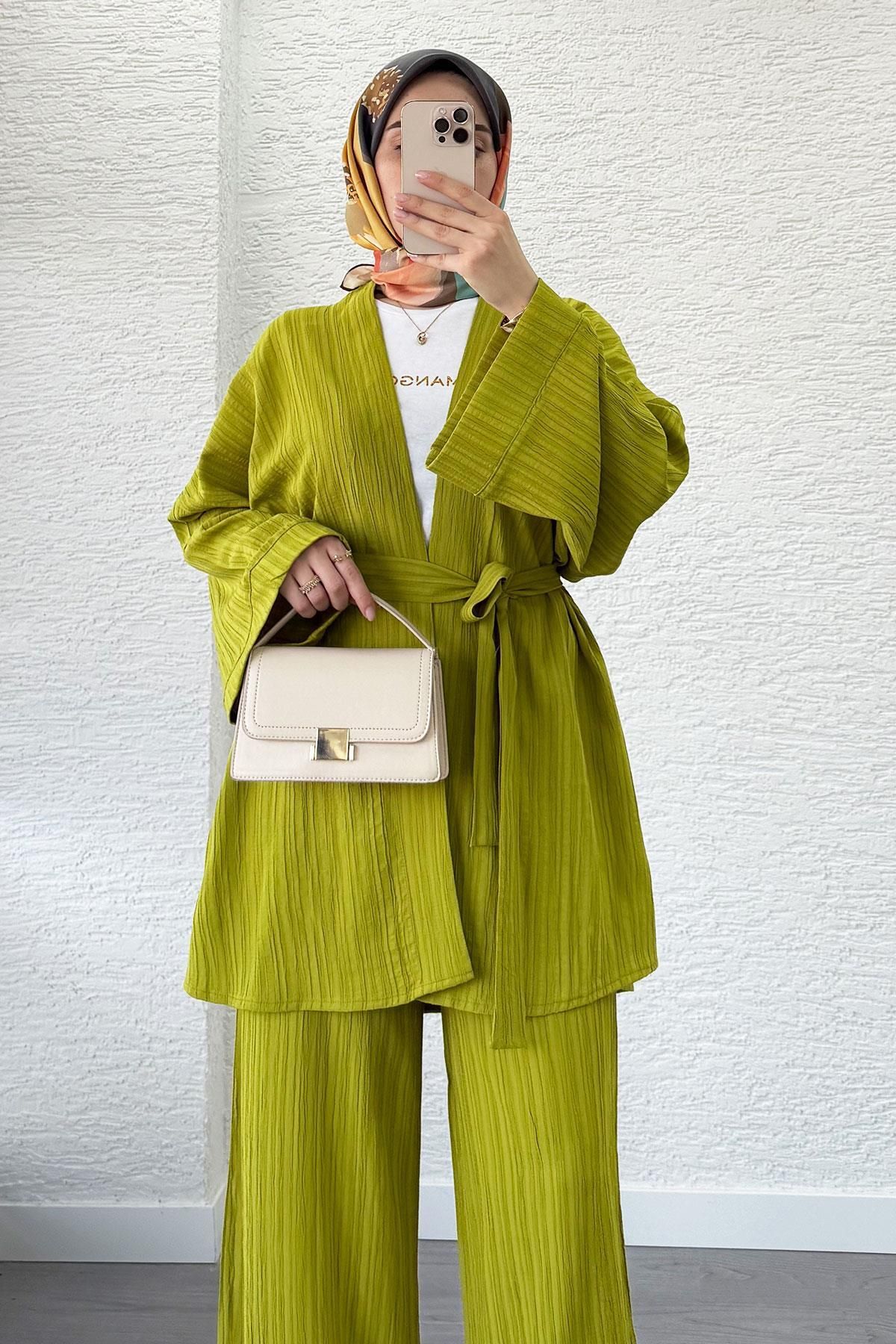 MELEK ARAZ İkili Kimono Pantolon Takım-Yağ Yeşili
